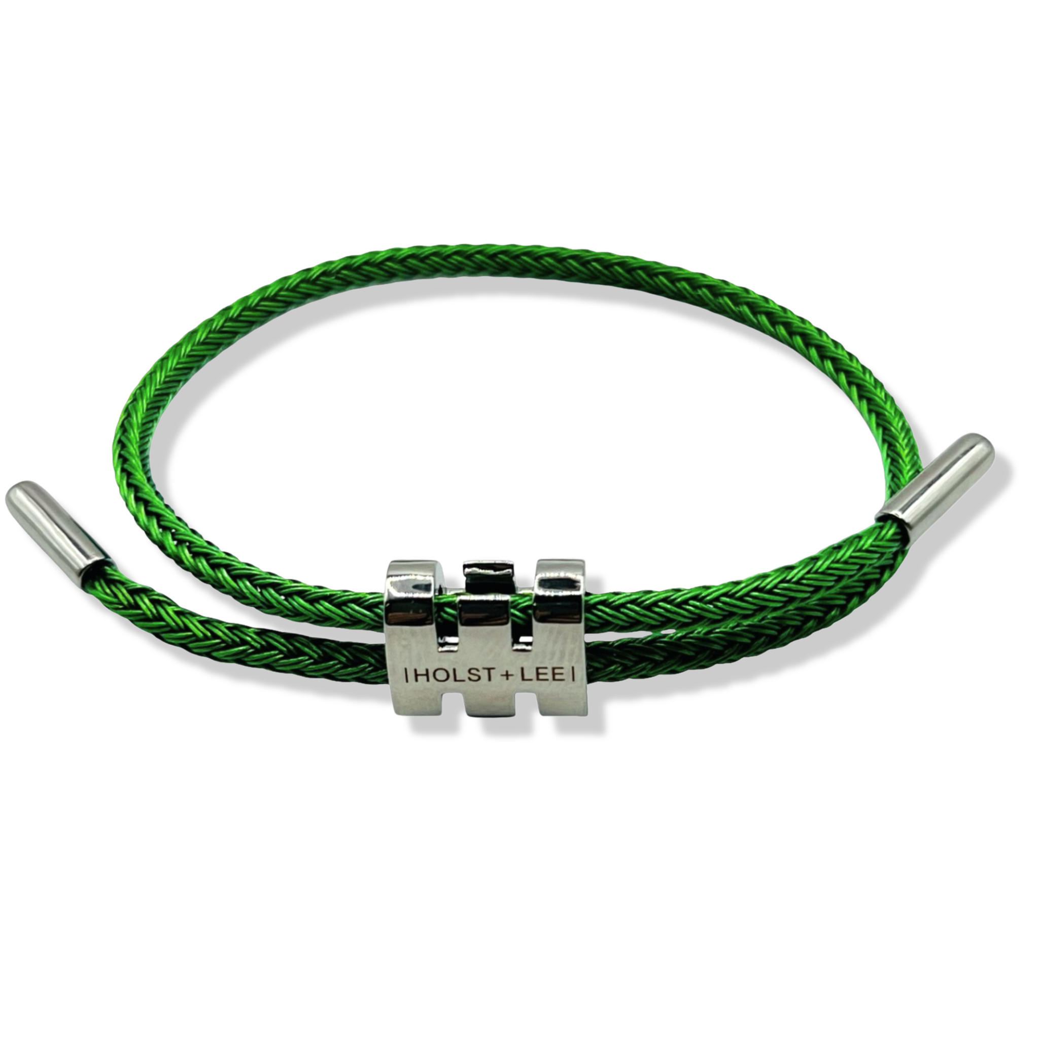 Green braided rope bracelet with silver sliding clasp by HOLST+LEE