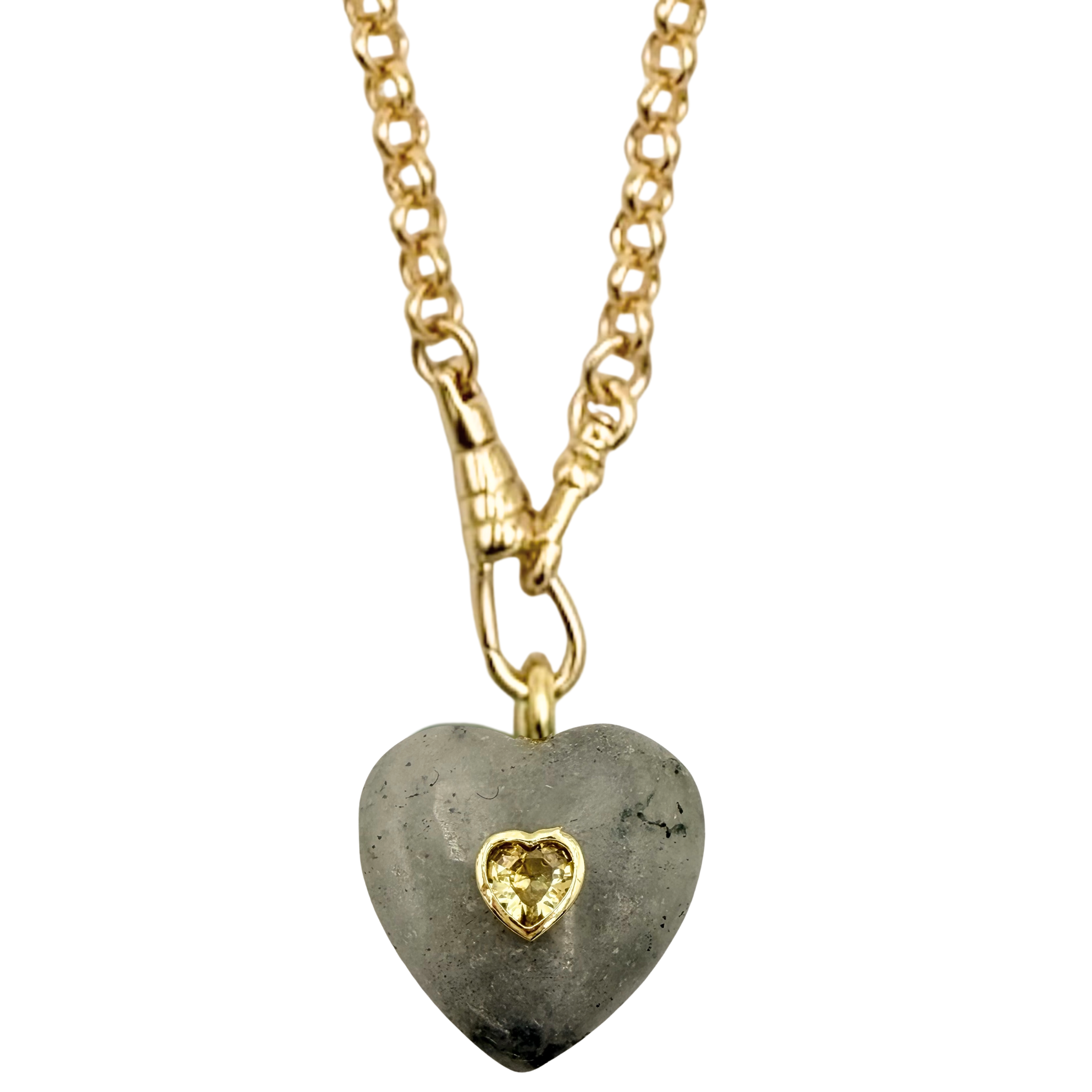 Gold rolo chain necklace with grey quartz heart pendant by HOLST+LEE