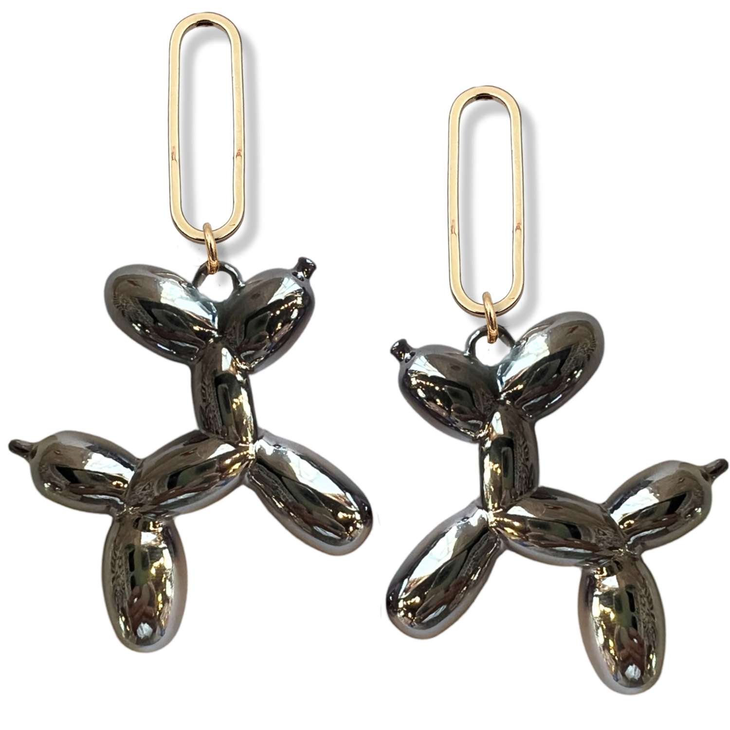 Metallic black balloon dog dangle earrings with gold paperclip oval link connector and high-shine chrome finish by HOLST+LEE