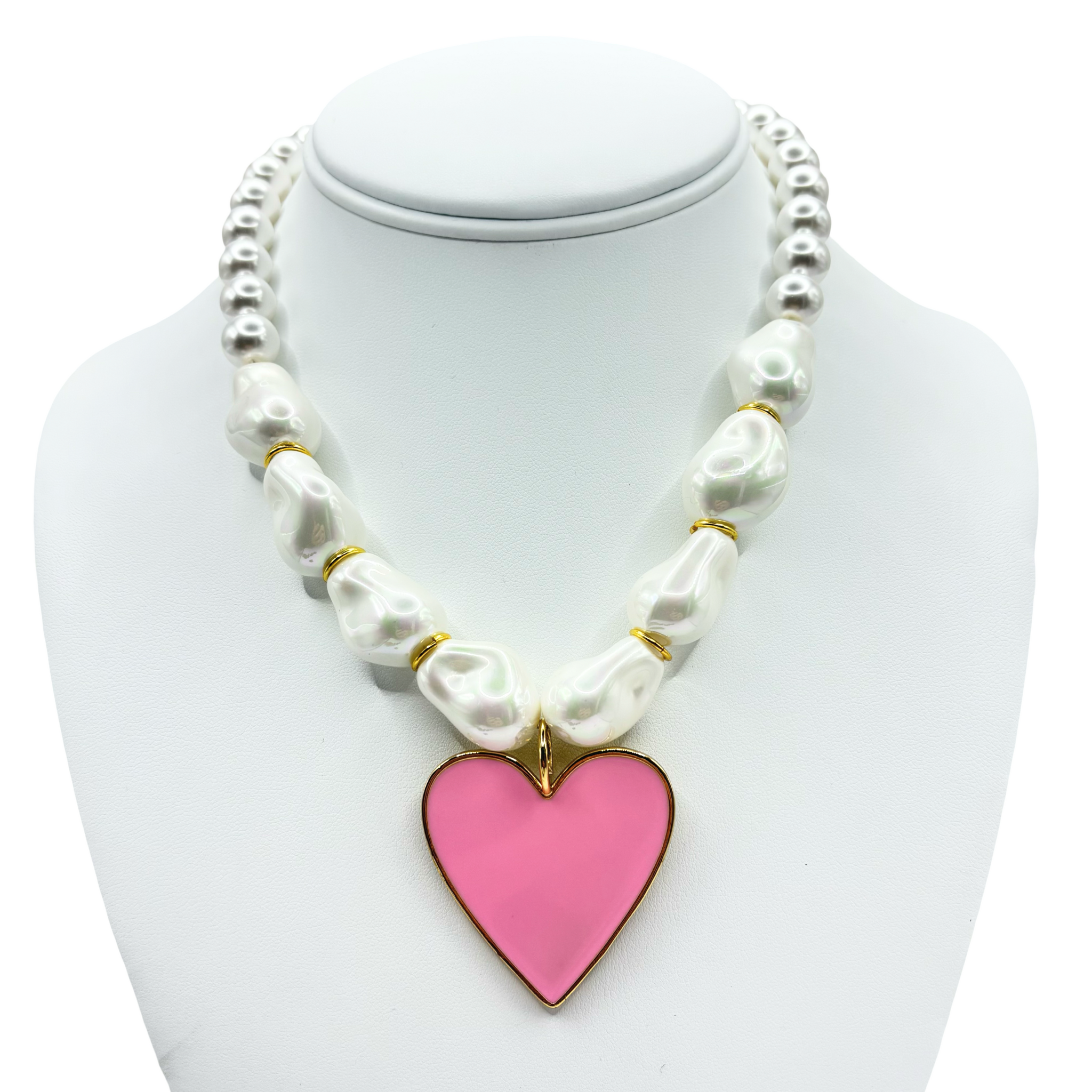 Faux pearl necklace with a pink heart pendant with gold accents by HOLST+LEE
