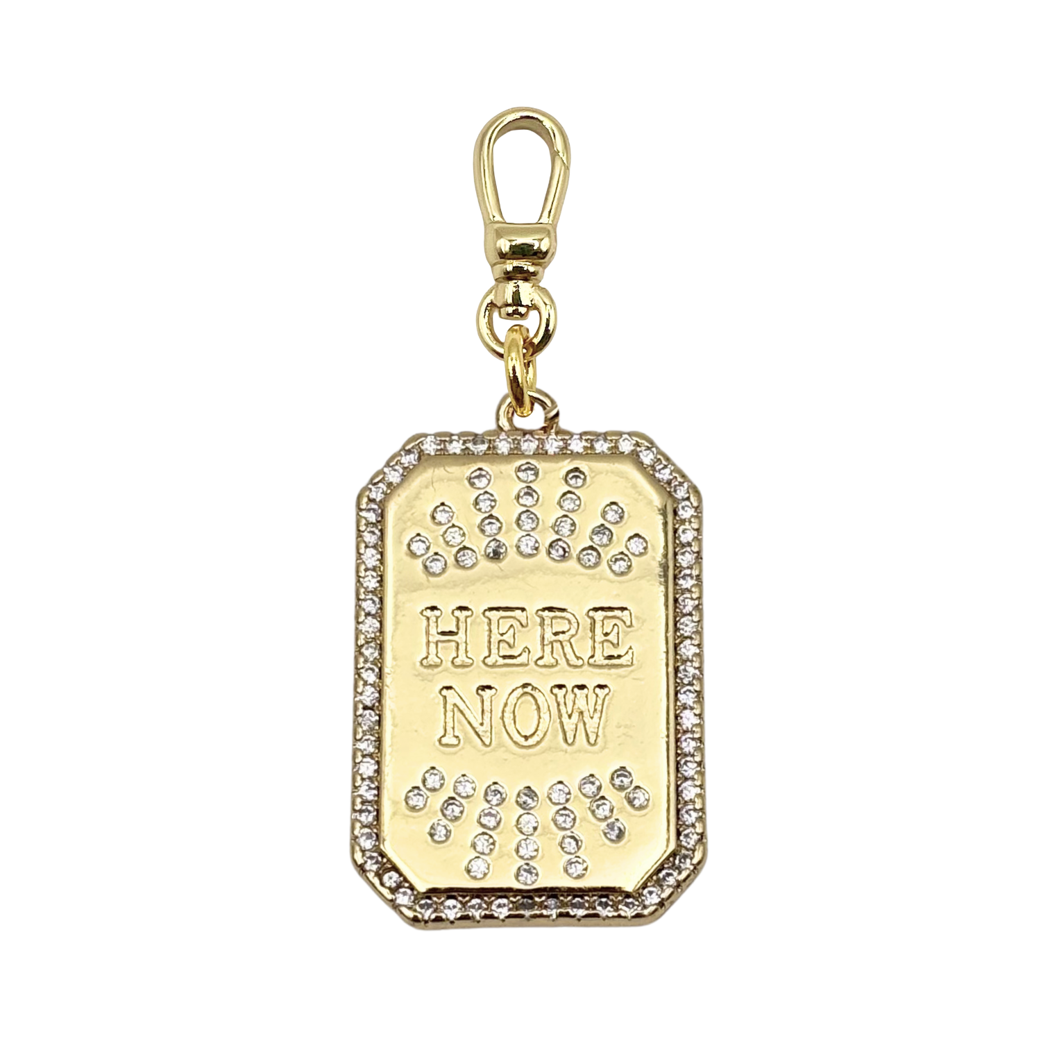 Gold charm with 'Here Now' text and pave rhinestones with gold charm clip by HOLST+LEE