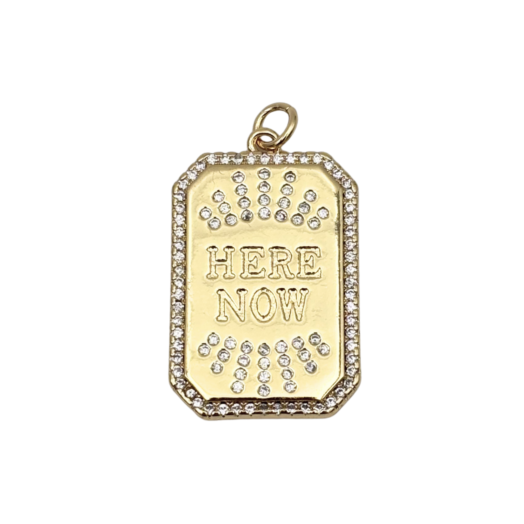 Gold pendant with 'Here Now' text and pavé rhinestones by HOLST+LEE