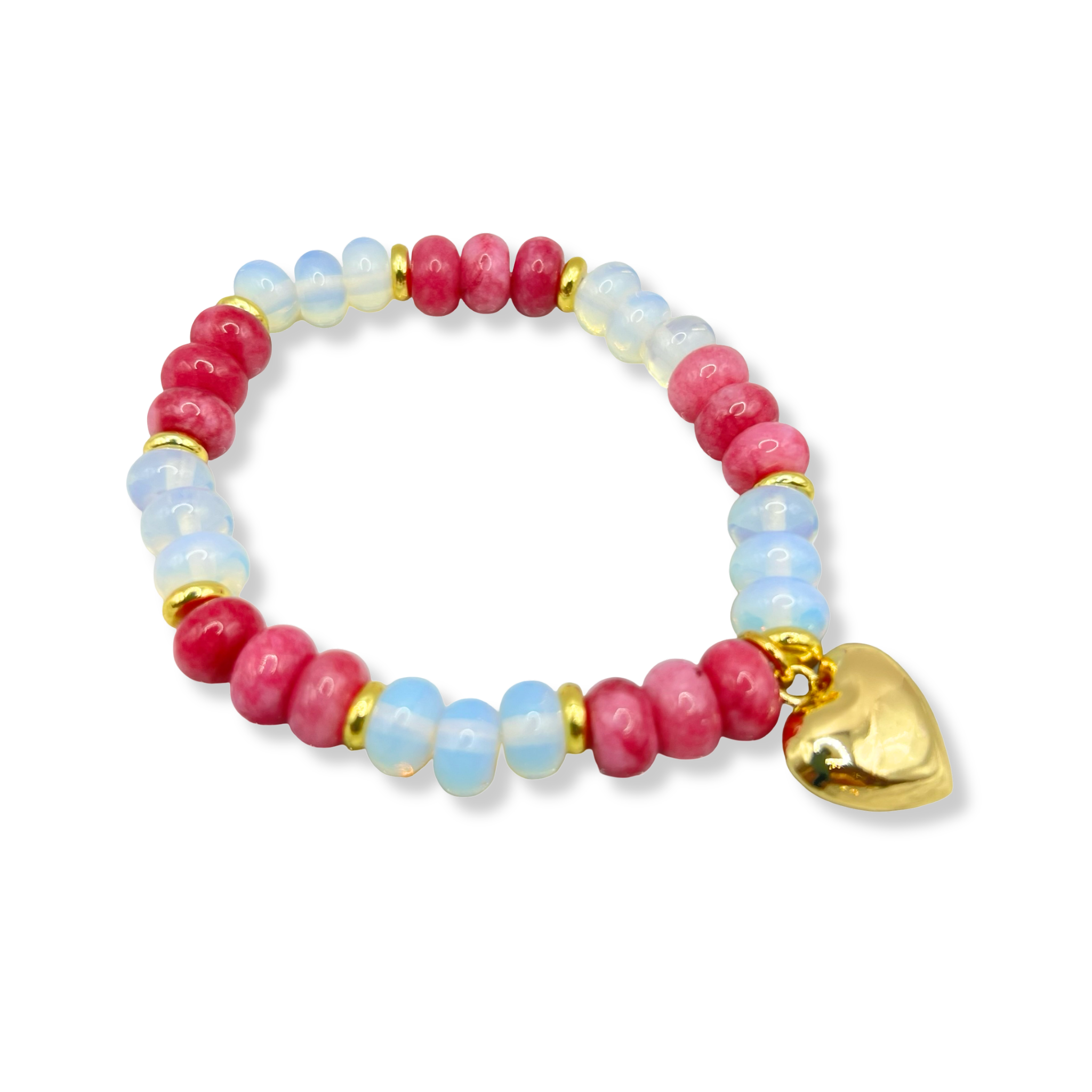 Pink and clear gemstone beaded necklace with gold accents and gold heart charm by HOLST+LEE