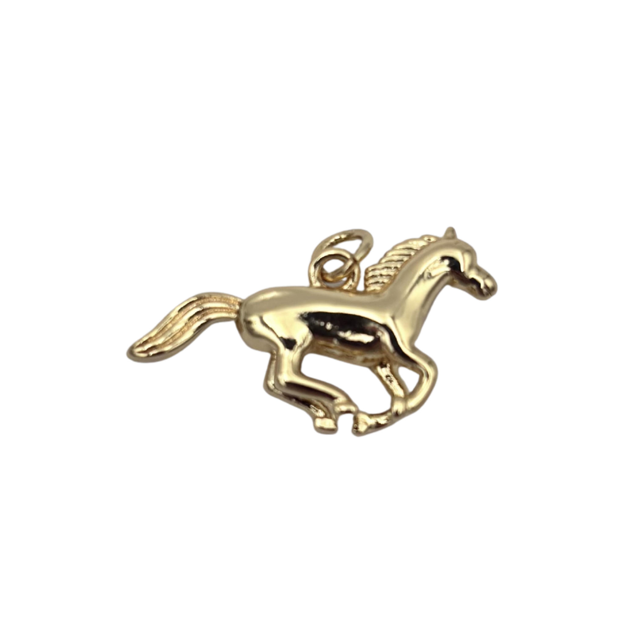 Gold galloping horse charm with flowing mane and tail and raised leg detail by HOLST+LEE