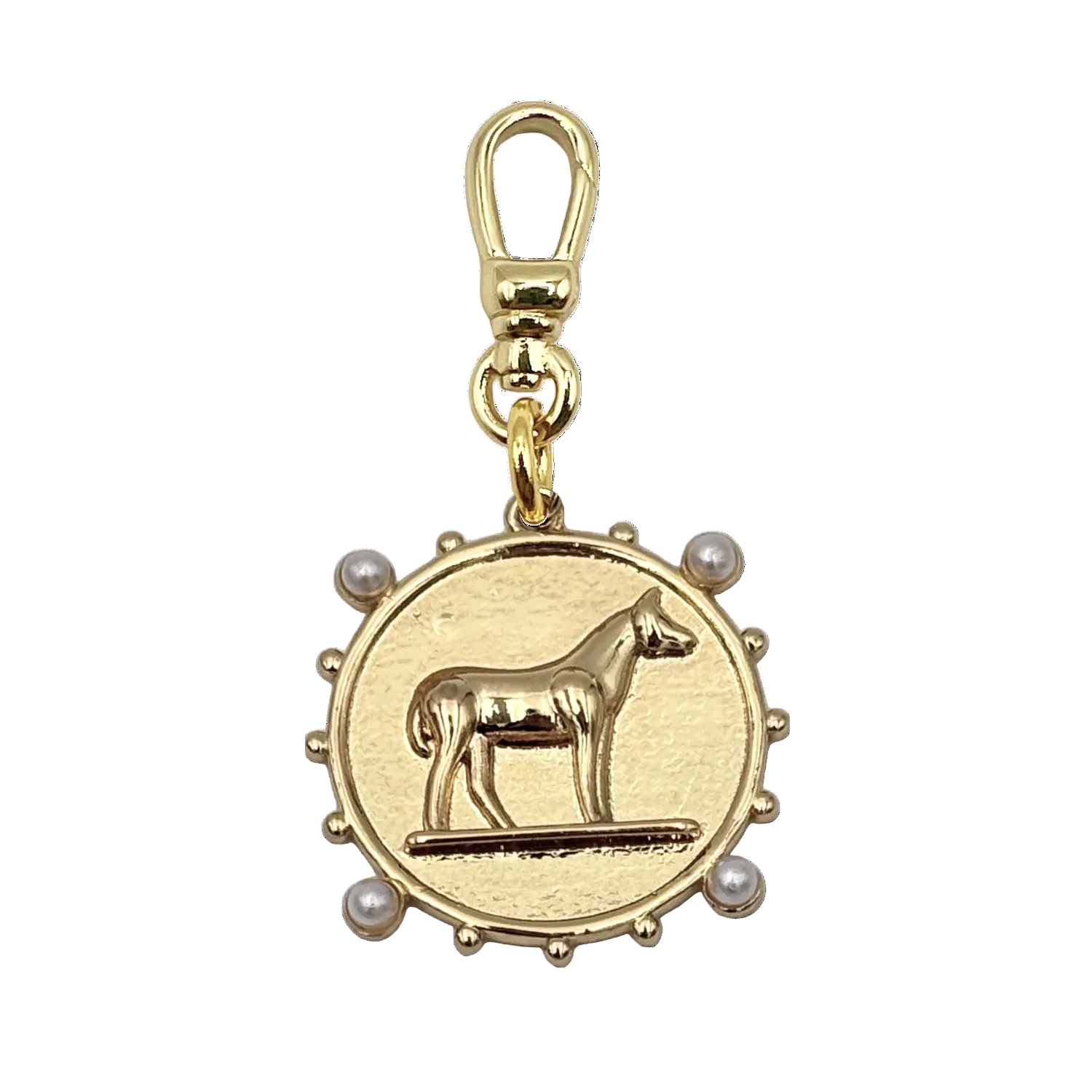 Golden horse charm with four pearl accents with gold charm clip by HOLST+LEE