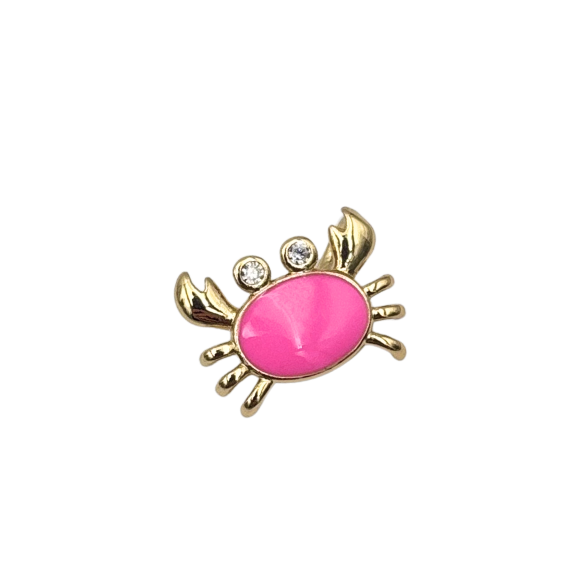Gold crab charm pendant with hot pink enamel and rhinestone eyes by HOLST+LEE