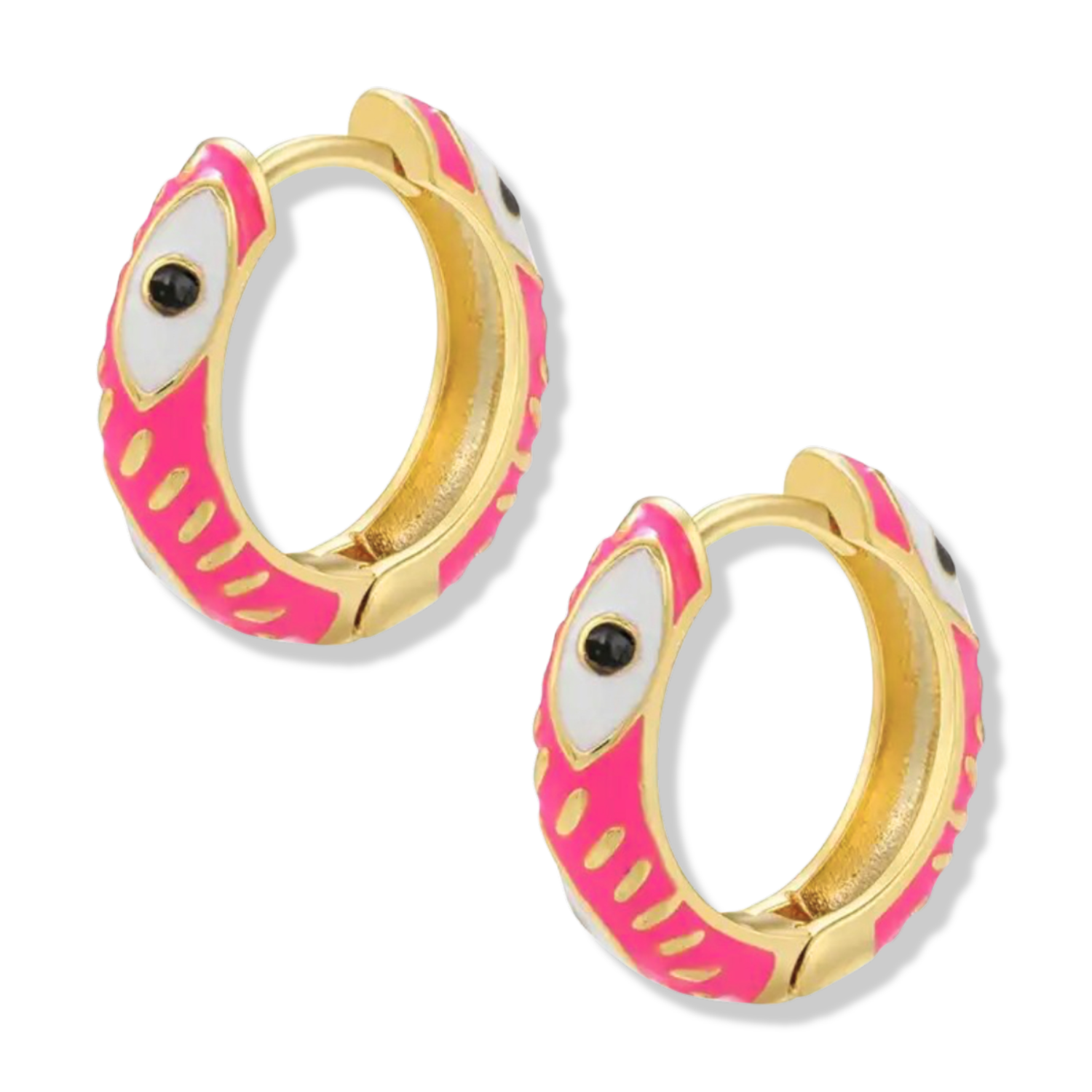 Pink and white evil eye enamel huggie hoop earrings by HOLST+LEE