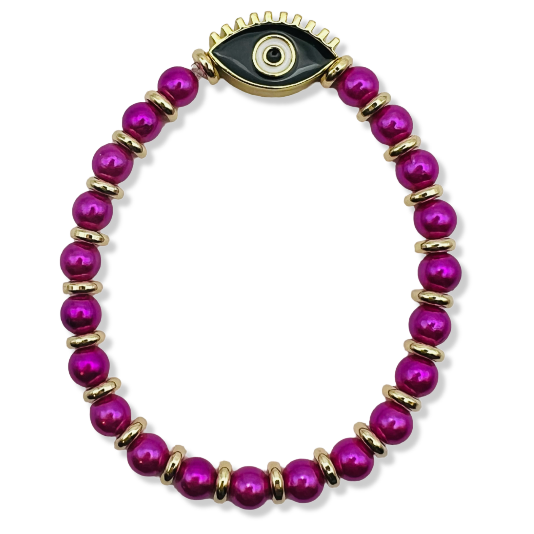 Hot Pink pearl and gold rondelle stretch bracelet with black enamel evil eye centerpiece by HOLST+LEE