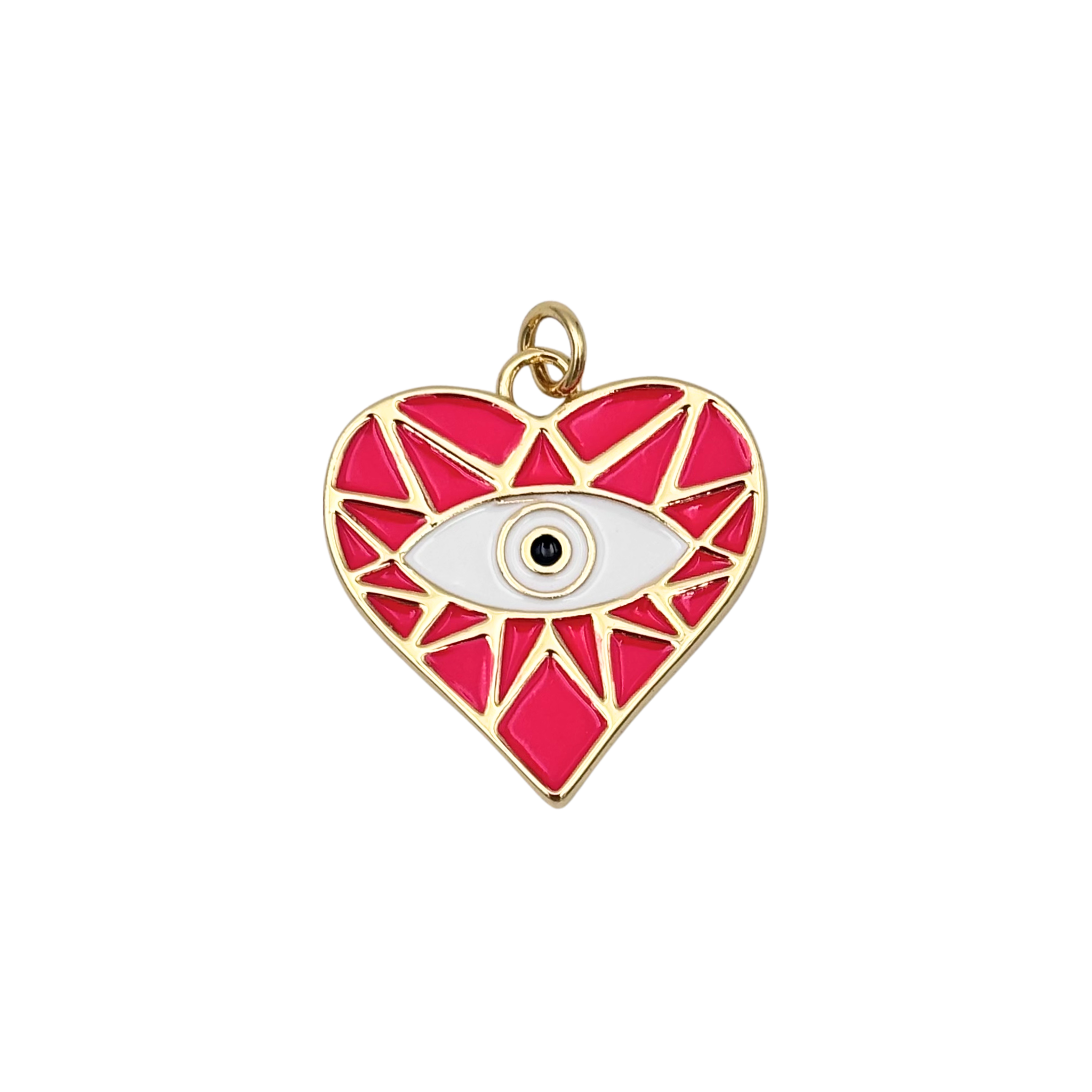Gold-rimmed hot pink geometric enamel heart charm with central white evil eye motif by HOLST+LEE