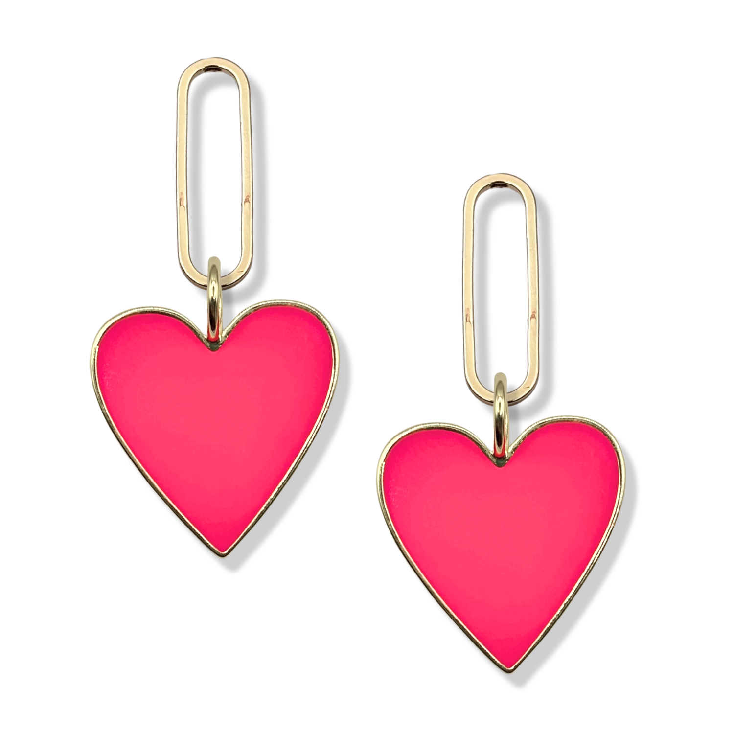 Hot pink enamel heart dangle earrings with gold paperclip oval link topper by HOLST+LEE