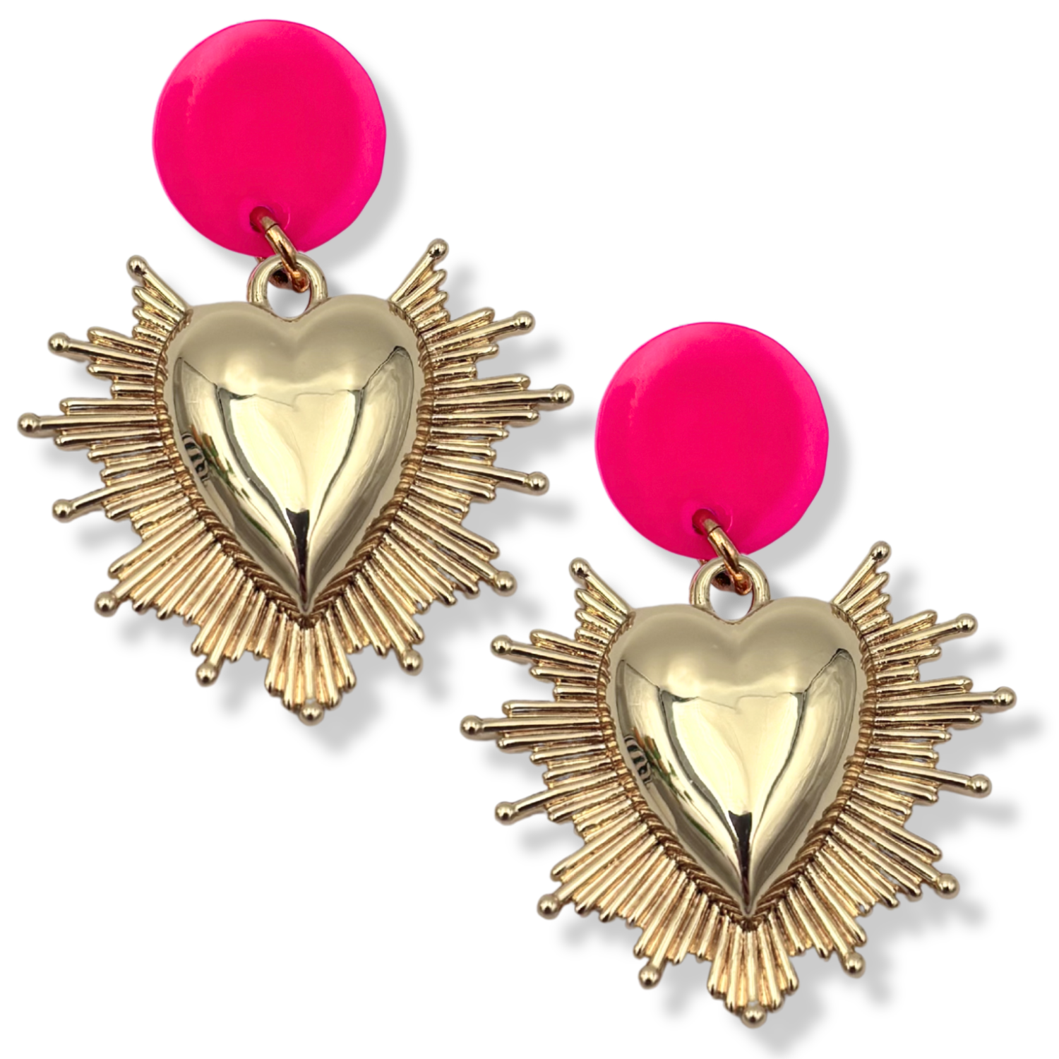 Sacred heart dangle earrings with gold heart, gold spike halo, and hot pink disc stud topper by HOLST+LEE