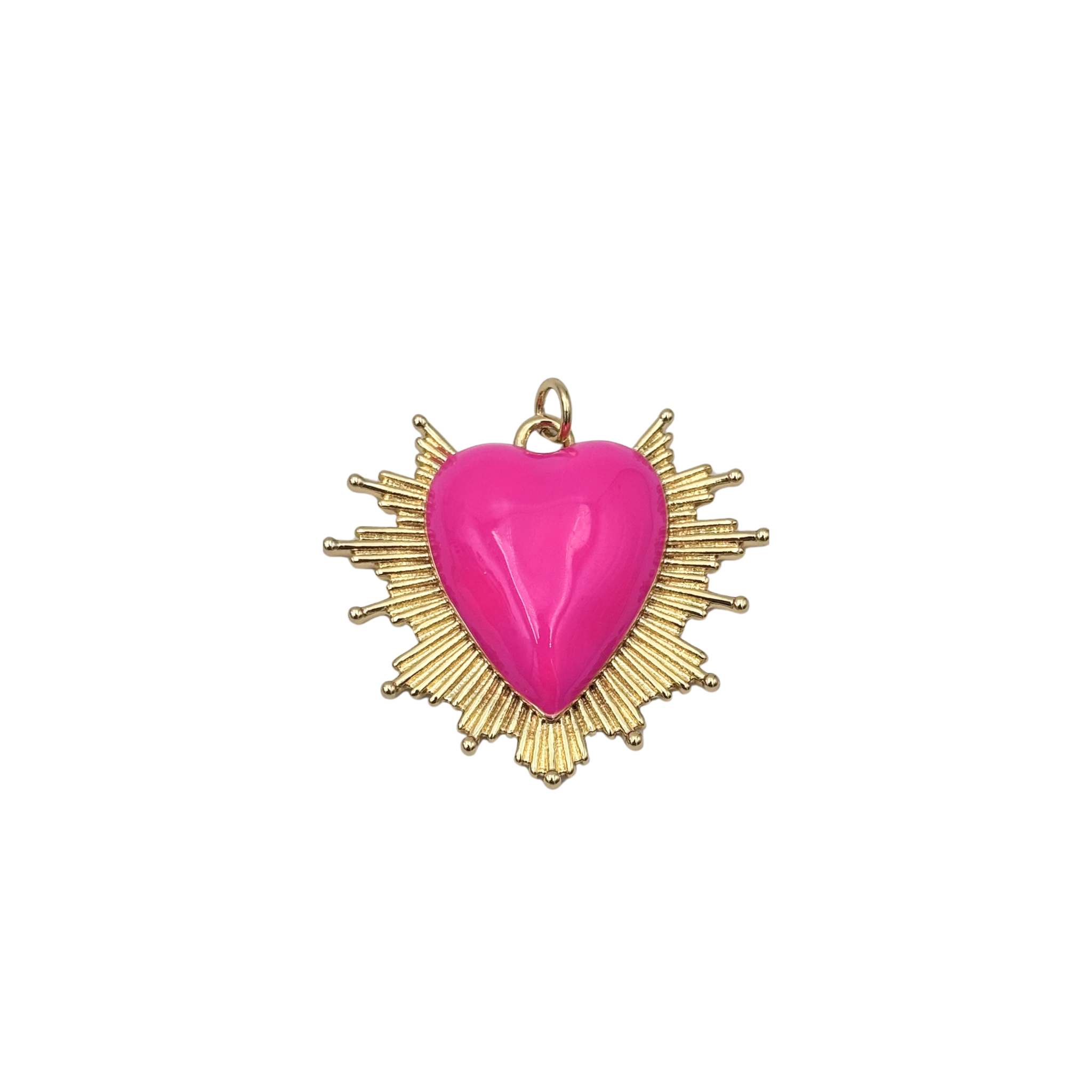 Hot pink enamel sacred heart charm with heart and ball-tipped sunburst rays by HOLST+LEE