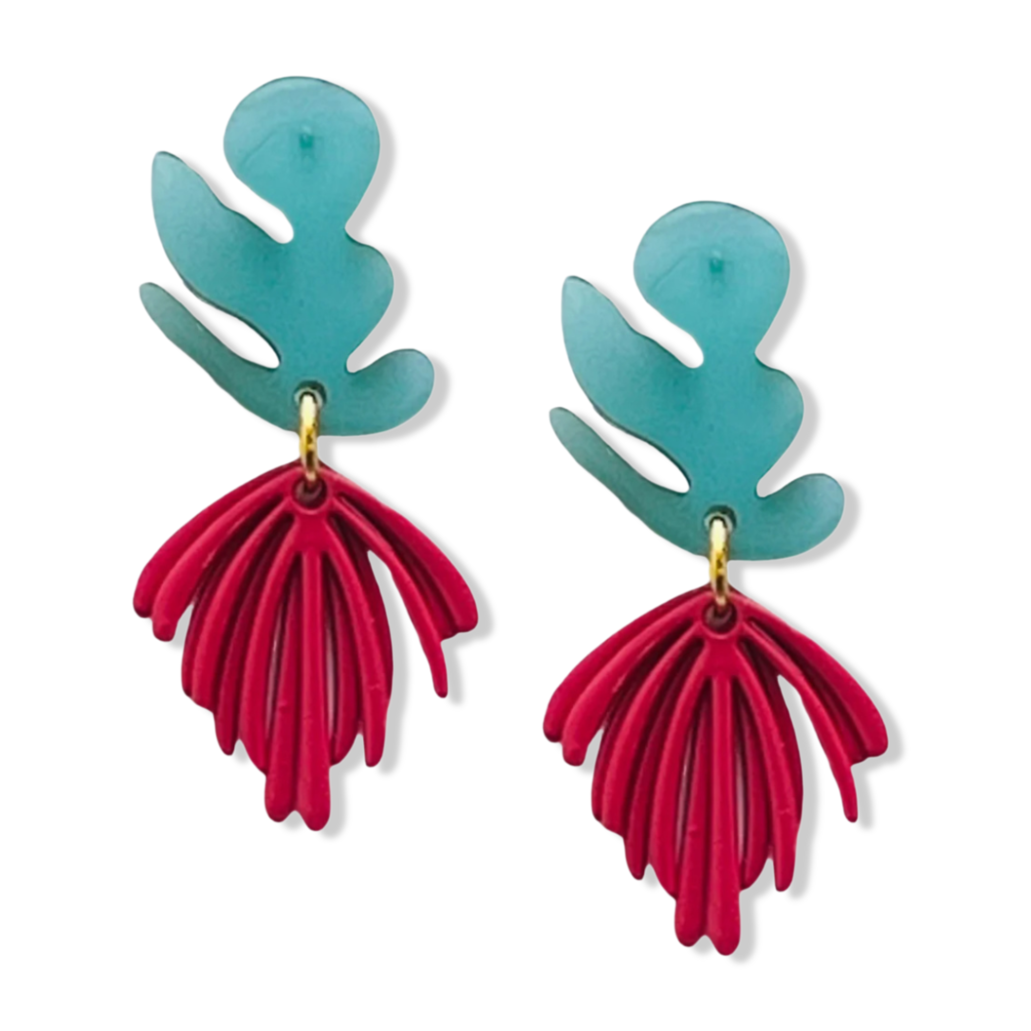 Hot pink and turquoise Mattisse earrings two-piece dangle style with a leaf top and bold  layered fan drop by HOLST+LEE