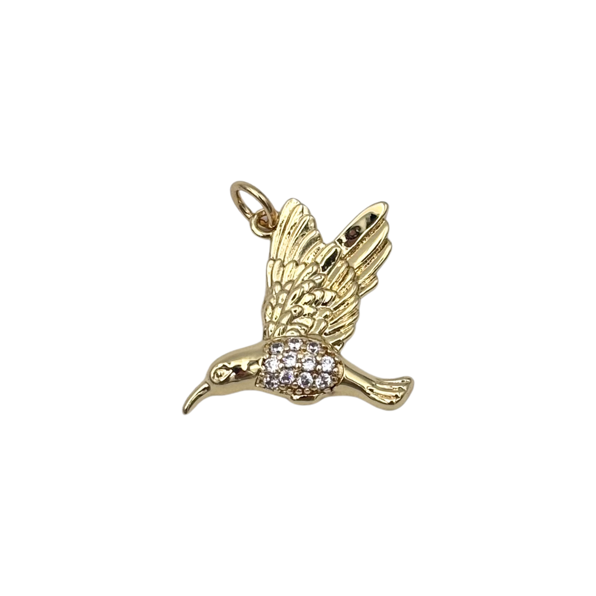Gold hummingbird charm with pave rhinestone body and textured wings by HOLST+LEE