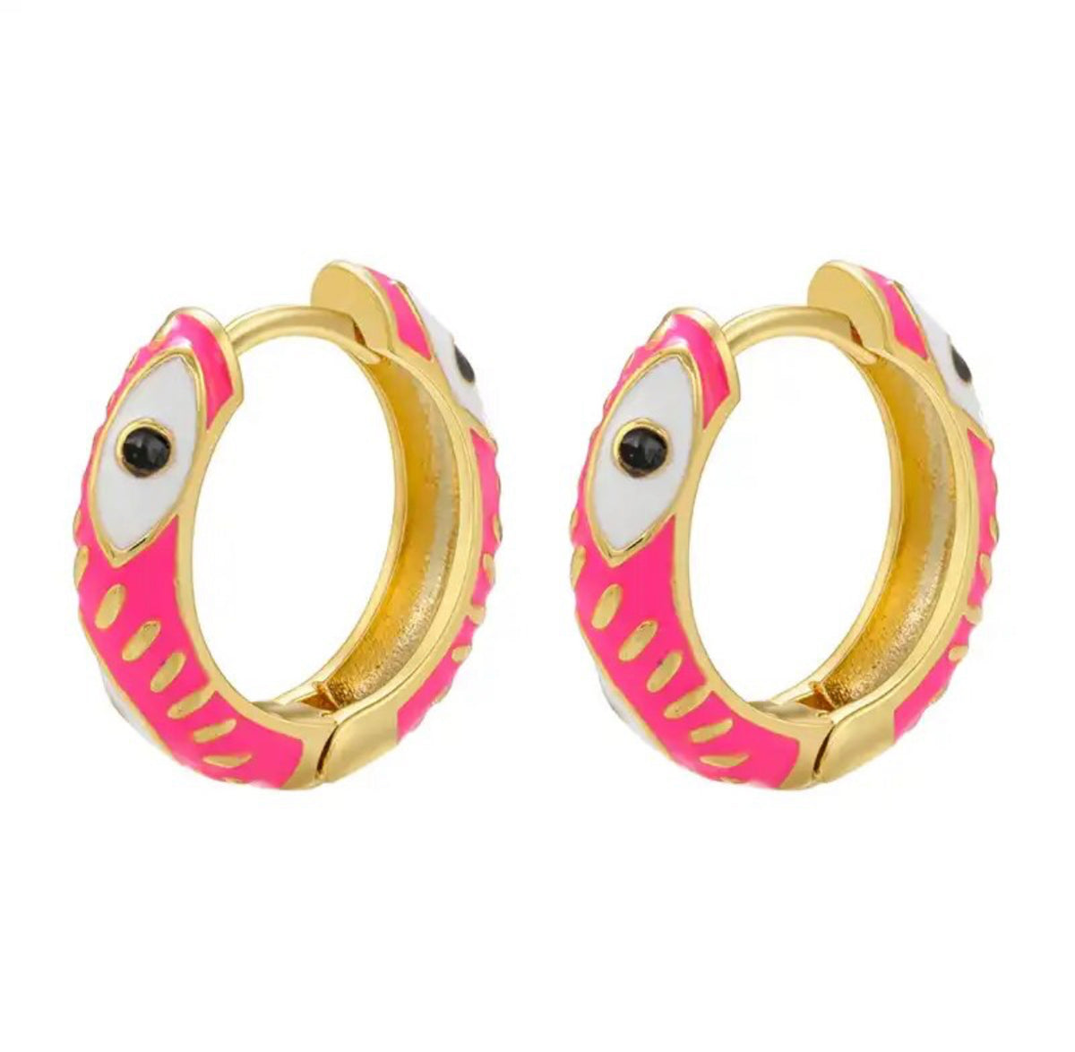Huggie Earrings Hot Pink Evil Eye