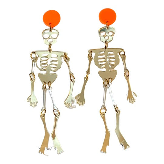 Skeleton Earrings Silver and Orange