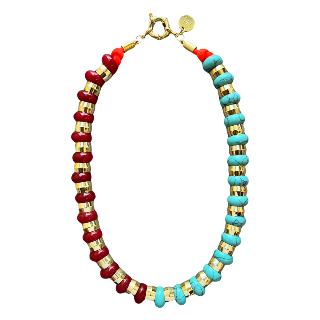 Semi-Precious Necklace Red Onyx and Turquoise