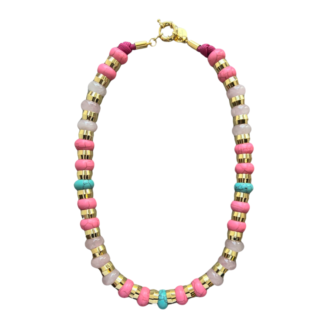 Semi-Precious Necklace Turquoise, Rose Quartz, Pink Amazonite