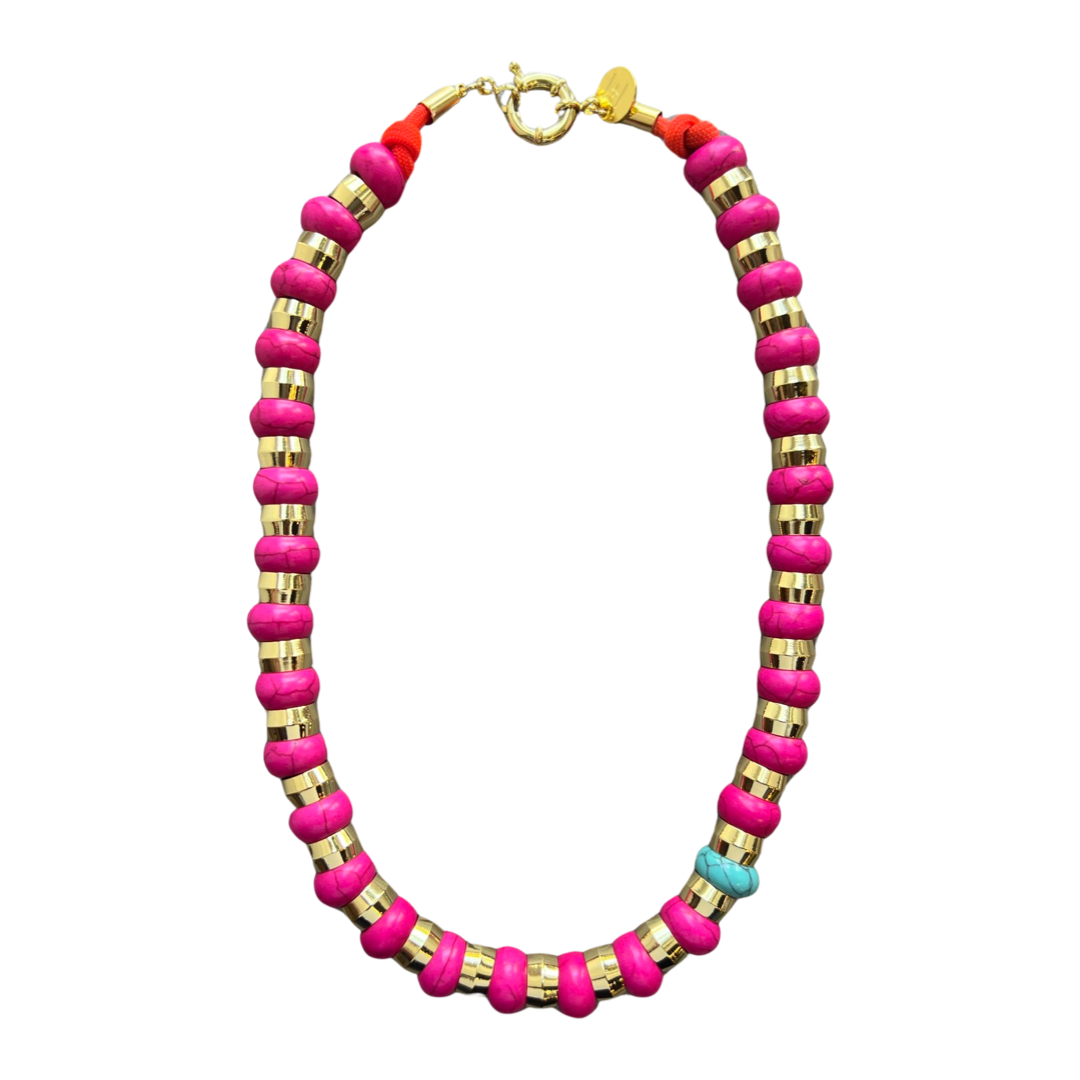 Semi-Precious Necklace Hot Pink Agate and Turquoise