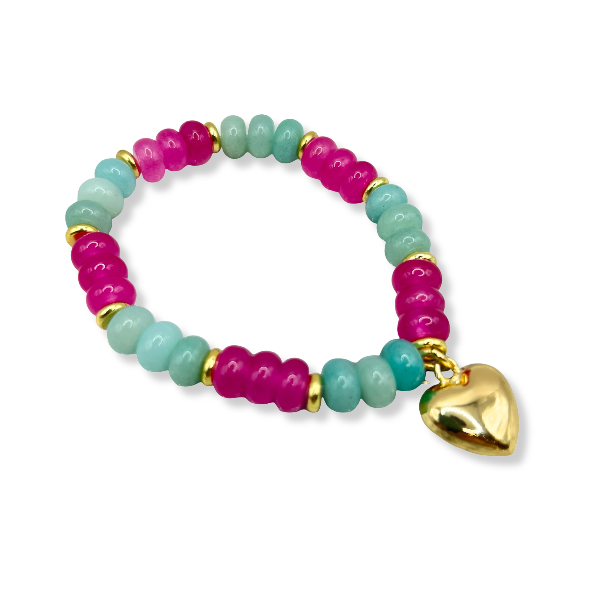 Pink and blue gemstone beaded necklace with gold accents and gold heart charm by HOLST+LEE