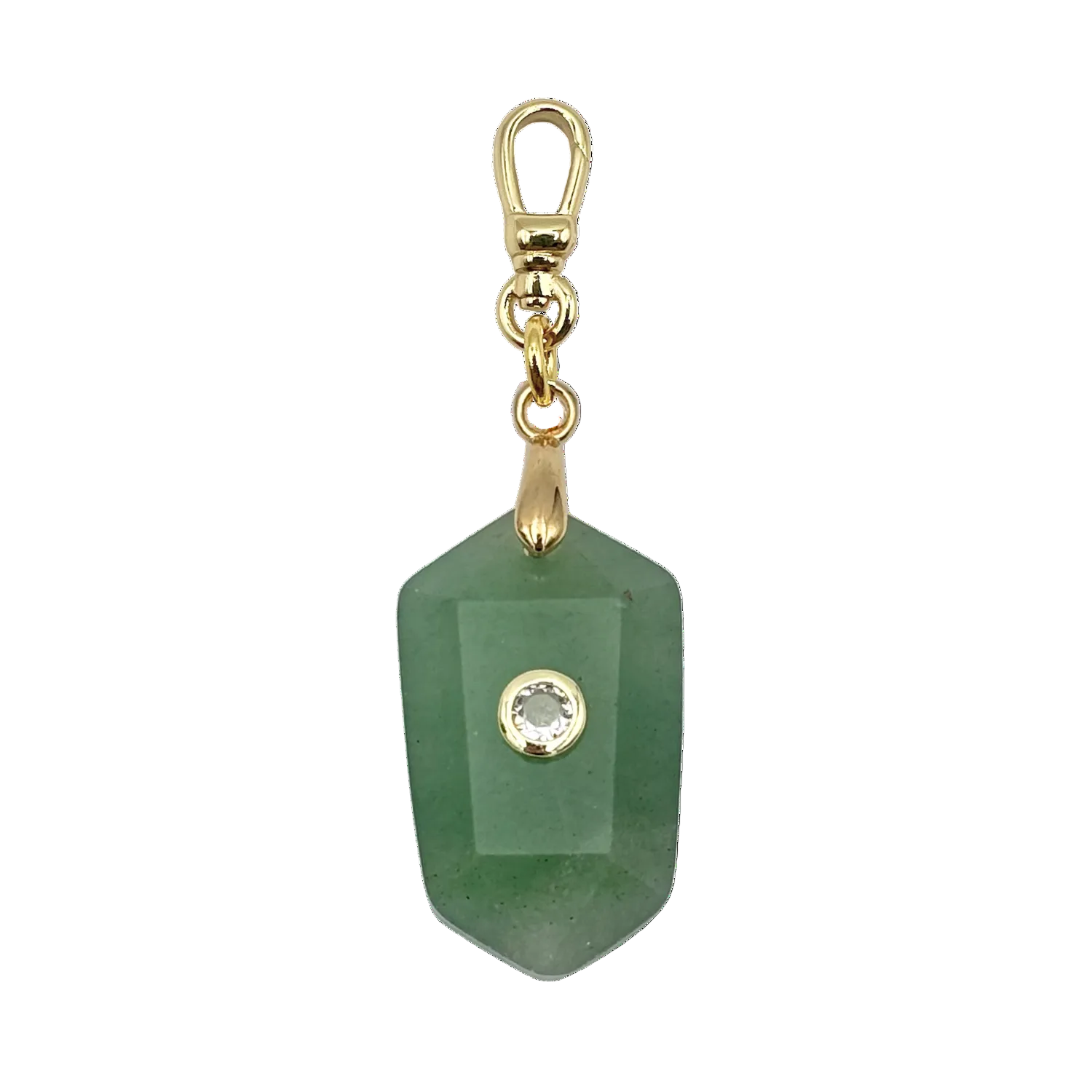 Faceted green jade crystal pendant with a round diamond accent with gold charm clip by HOLST+LEE