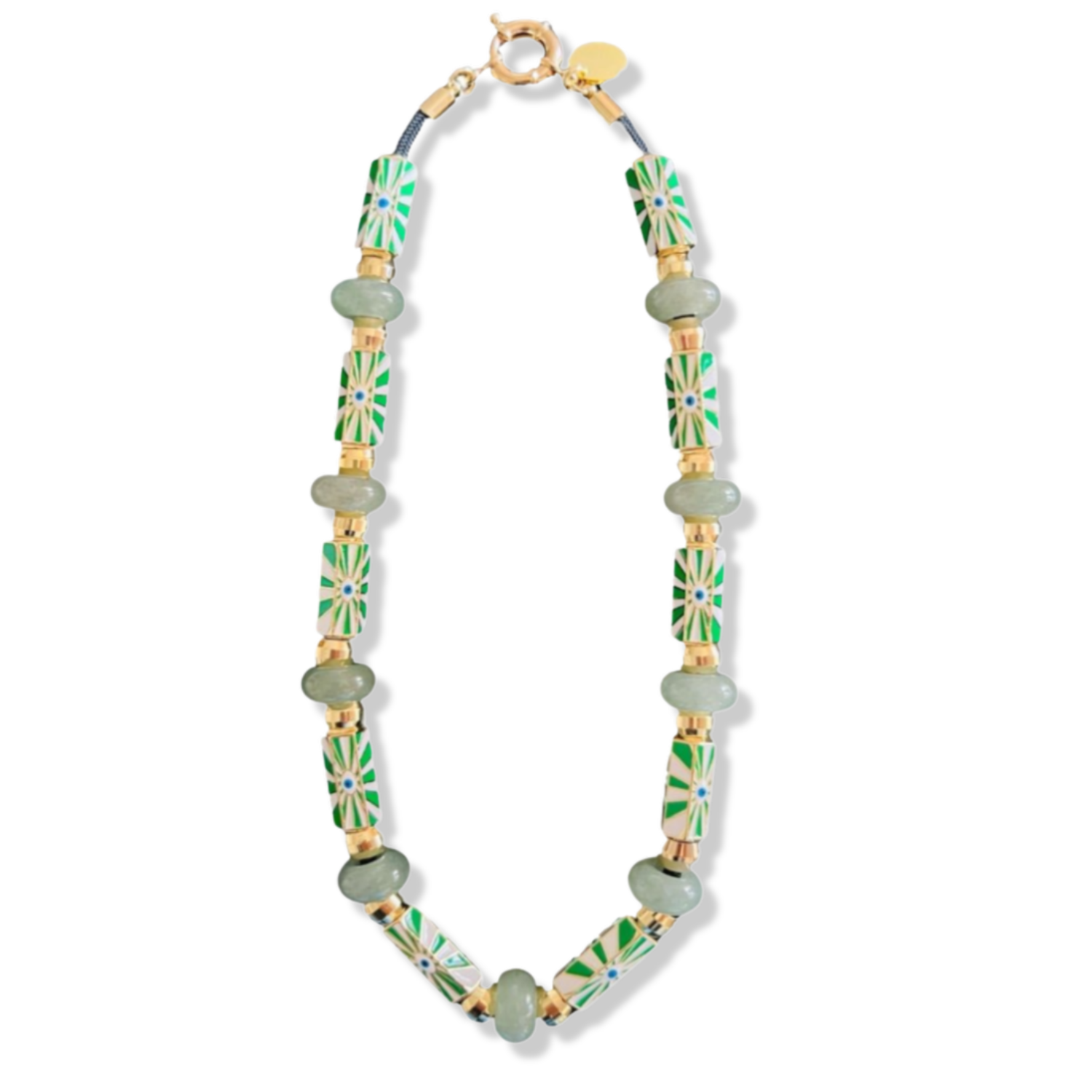 Green evil eye necklace with rectangular enamel evil eye beads, jade semi-precious beads, gold rondelle spacers, and gold ring clasp by HOLST+LEE