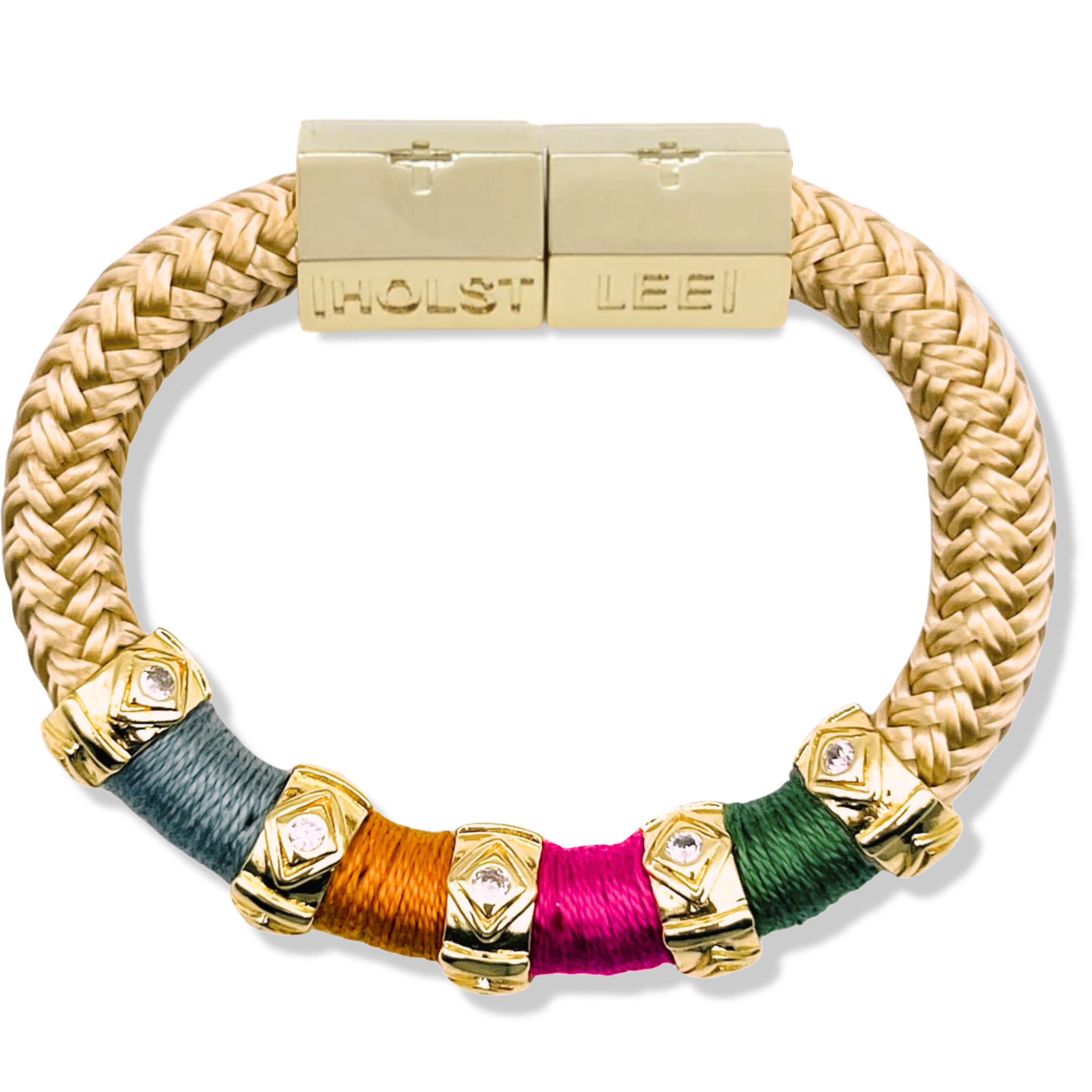 Tan, grey, orange, fuchsia, and green  braided rope bracelet with 18K gold-filled evil eye ferrule accents and gold magnetic clasped bracelet by HOLST+LEE