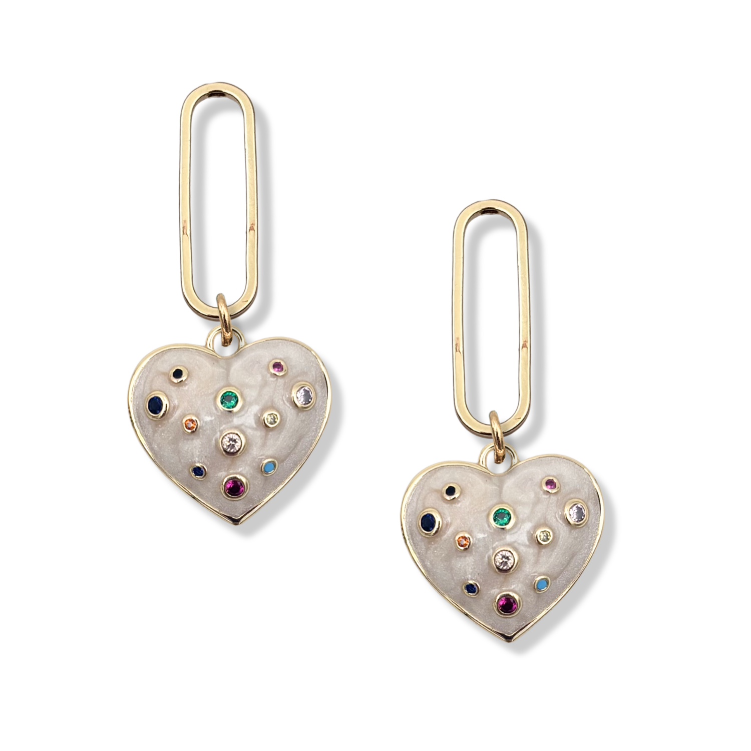 Gold oval link charm earrings with multicolor gemstone-studded heart pendants in cream enamel by HOLST+LEE