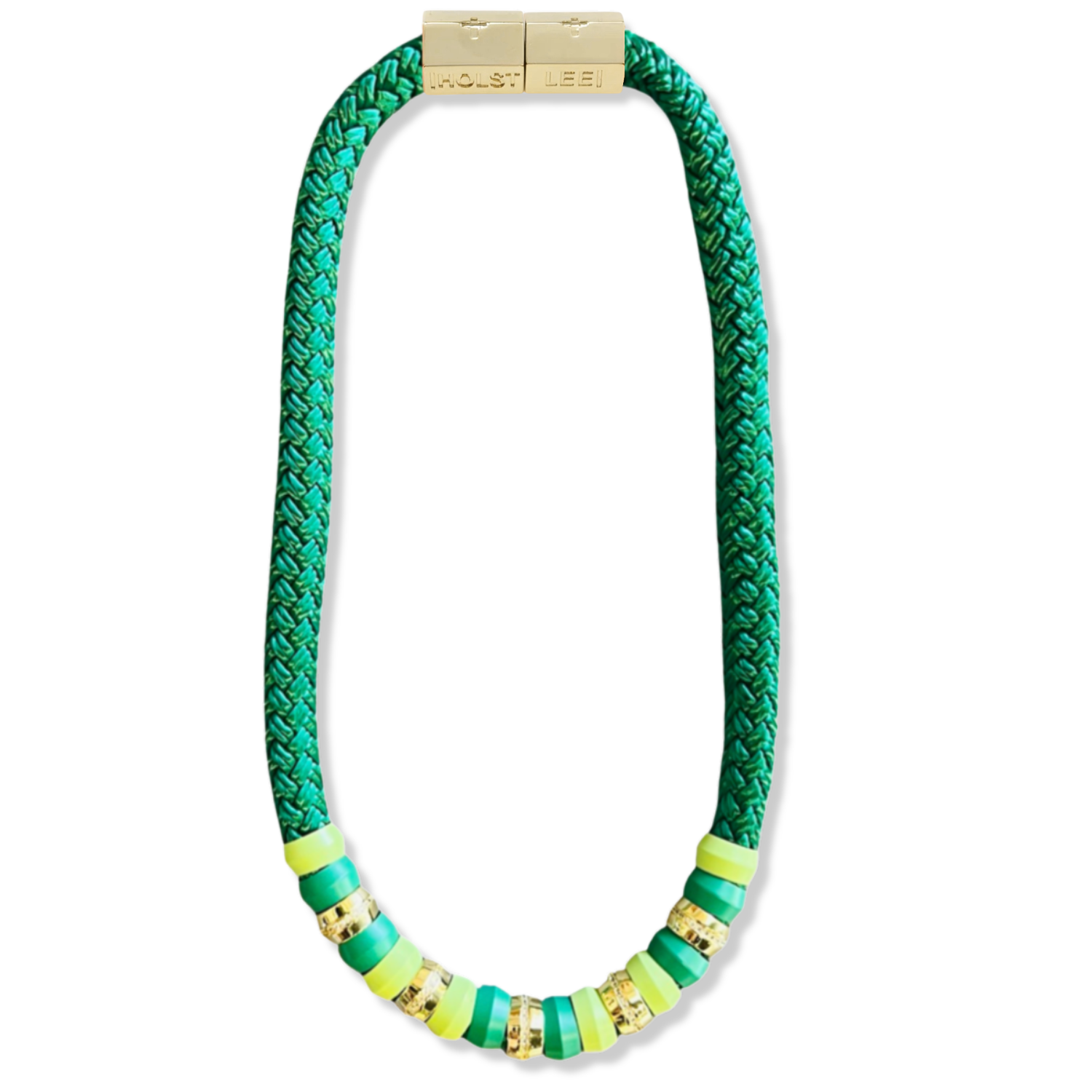 Green braided rope necklace with green enamel and gold ferrule stack and gold magnetic clasped necklace by HOLST+LEE
