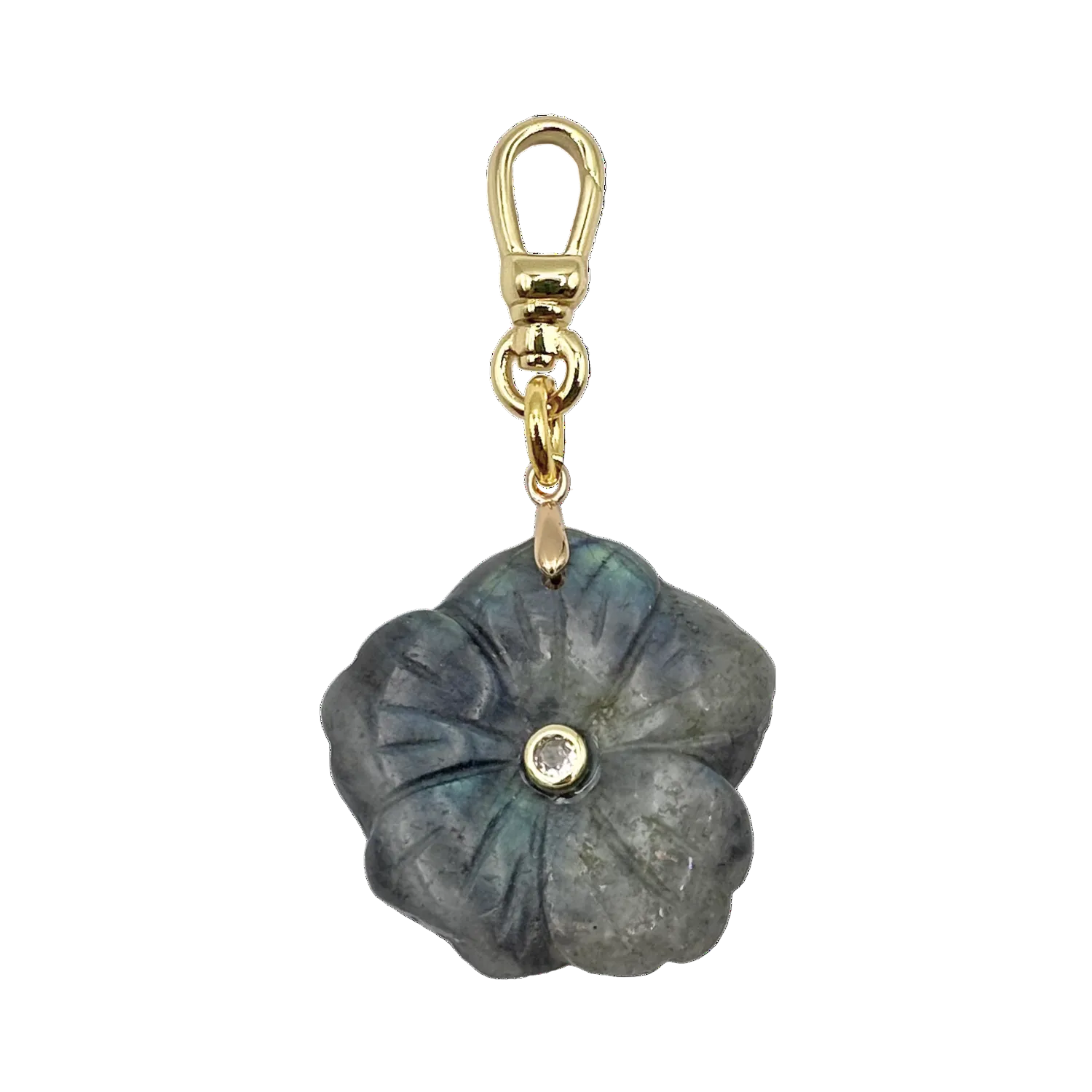 Gray semi-precious flower pendant with rhinestone center piece with gold charm clip by HOLST_+LEE