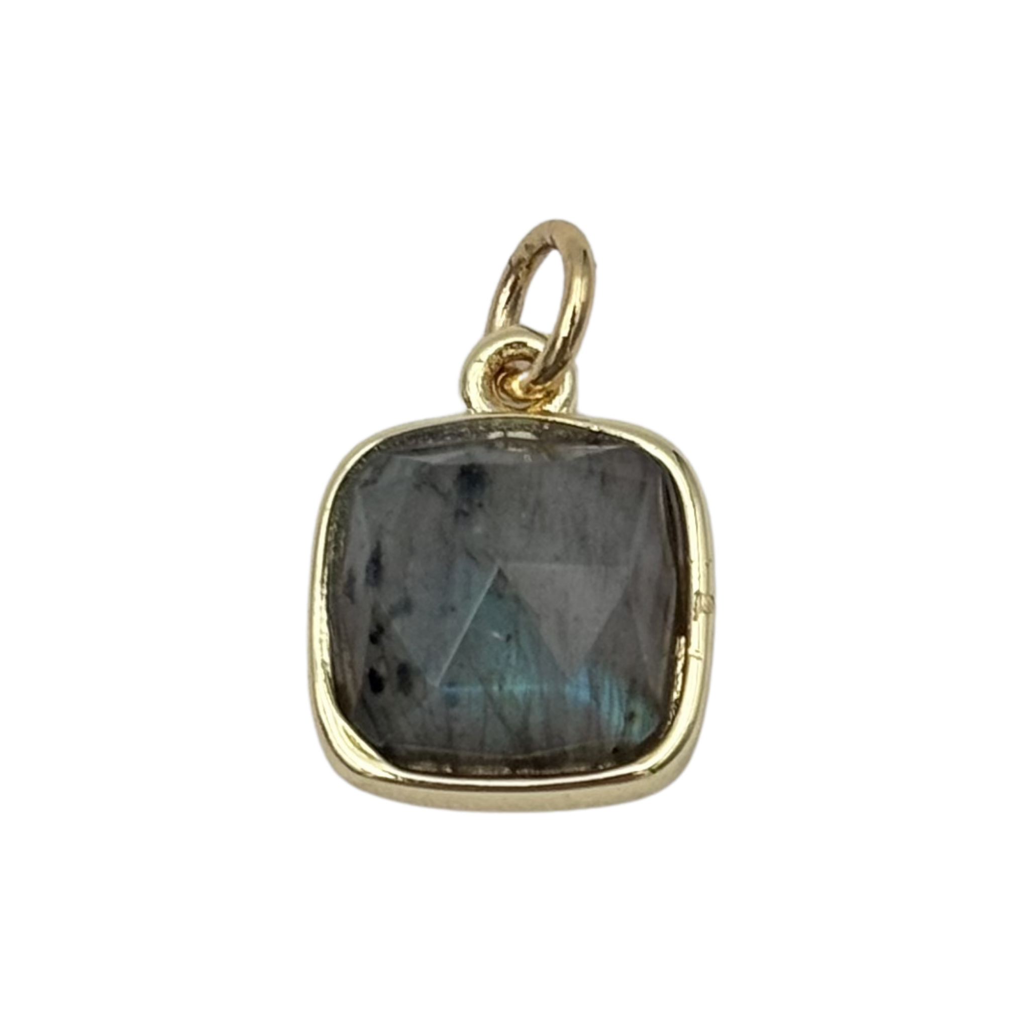 Gold cushion-bezel pendant with faceted Labadorite stone by HOLST+LEE
