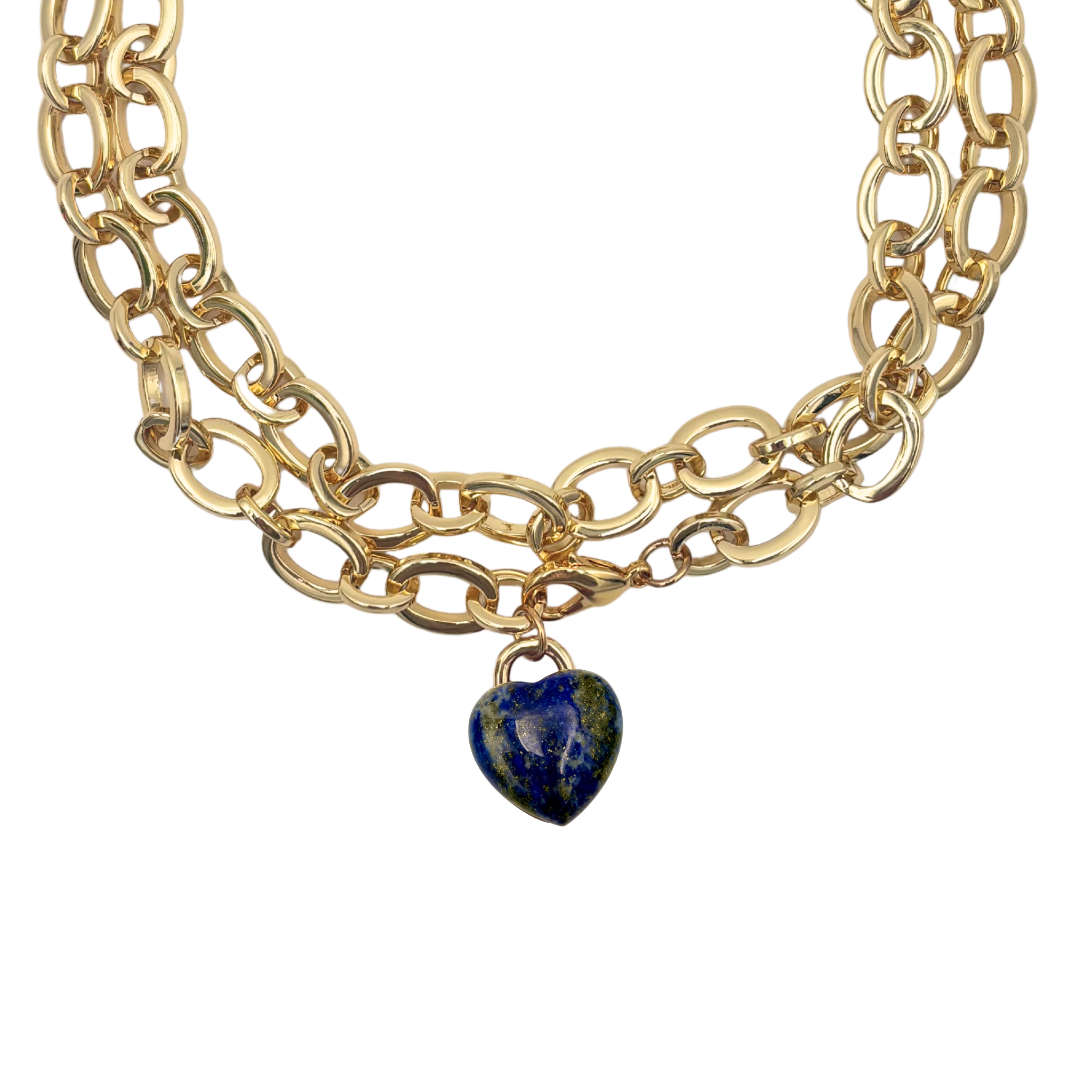 Chunky gold oval chain link necklace with lapis heart pendant by HOLST+LEE