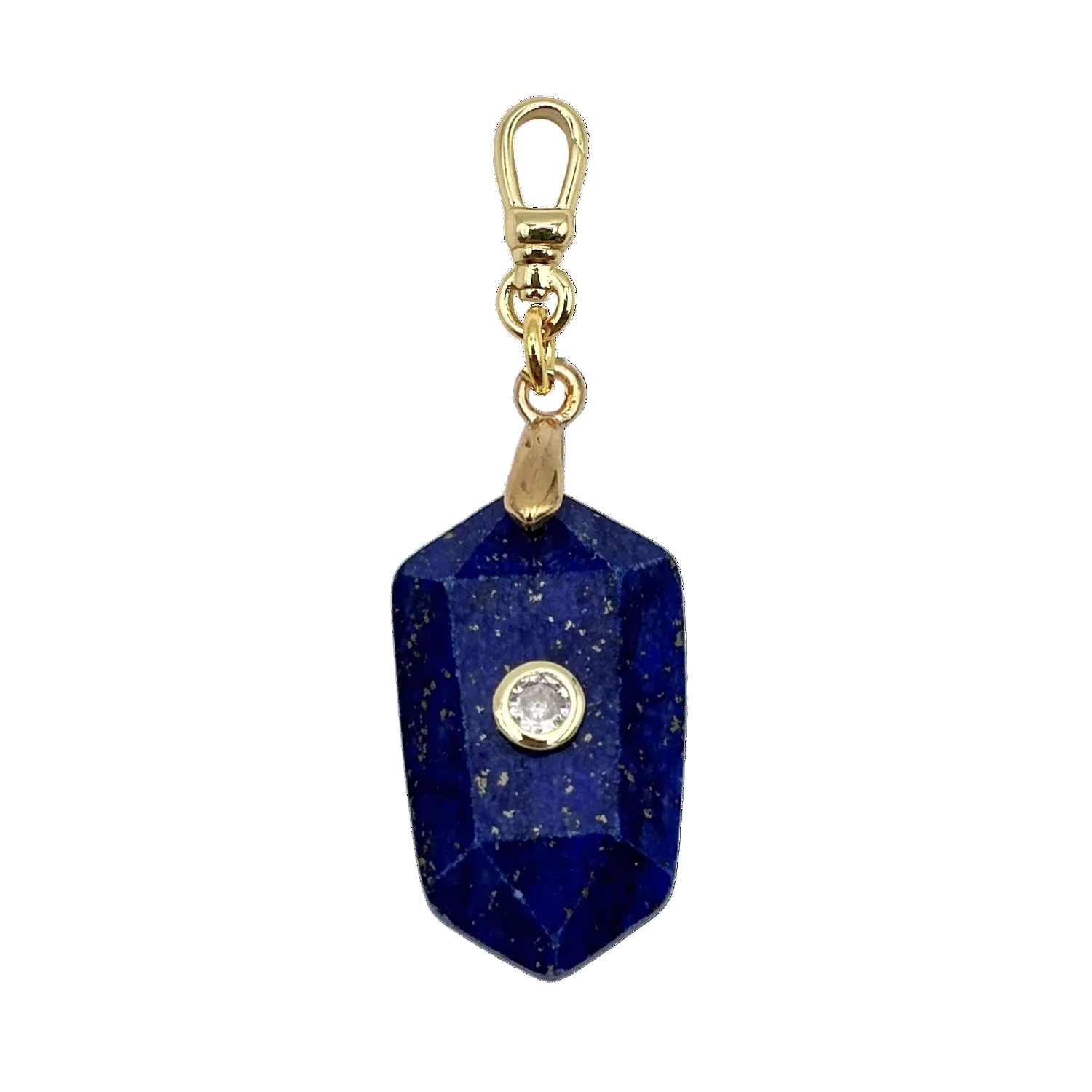Faceted blue lapis crystal pendant with a round diamond accent with gold charm clip by HOLST+LEE