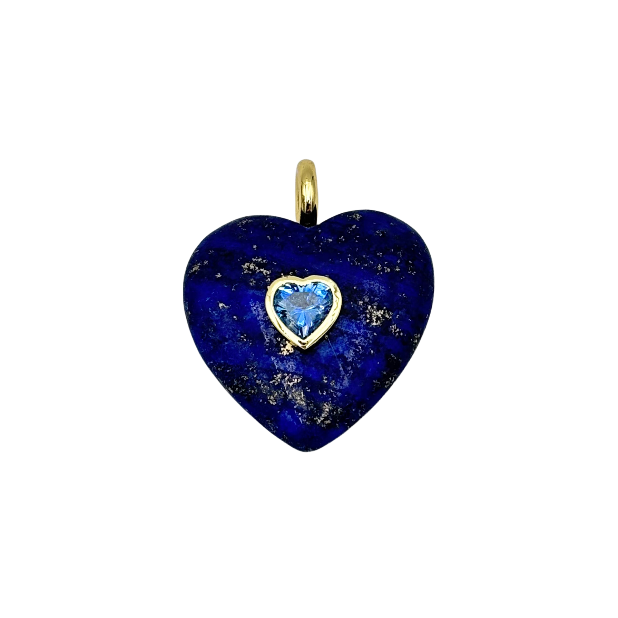 Lapis blue semi-precious stone heart charm with pyrite flecks and blue topaz center stone by HOLST+LEE