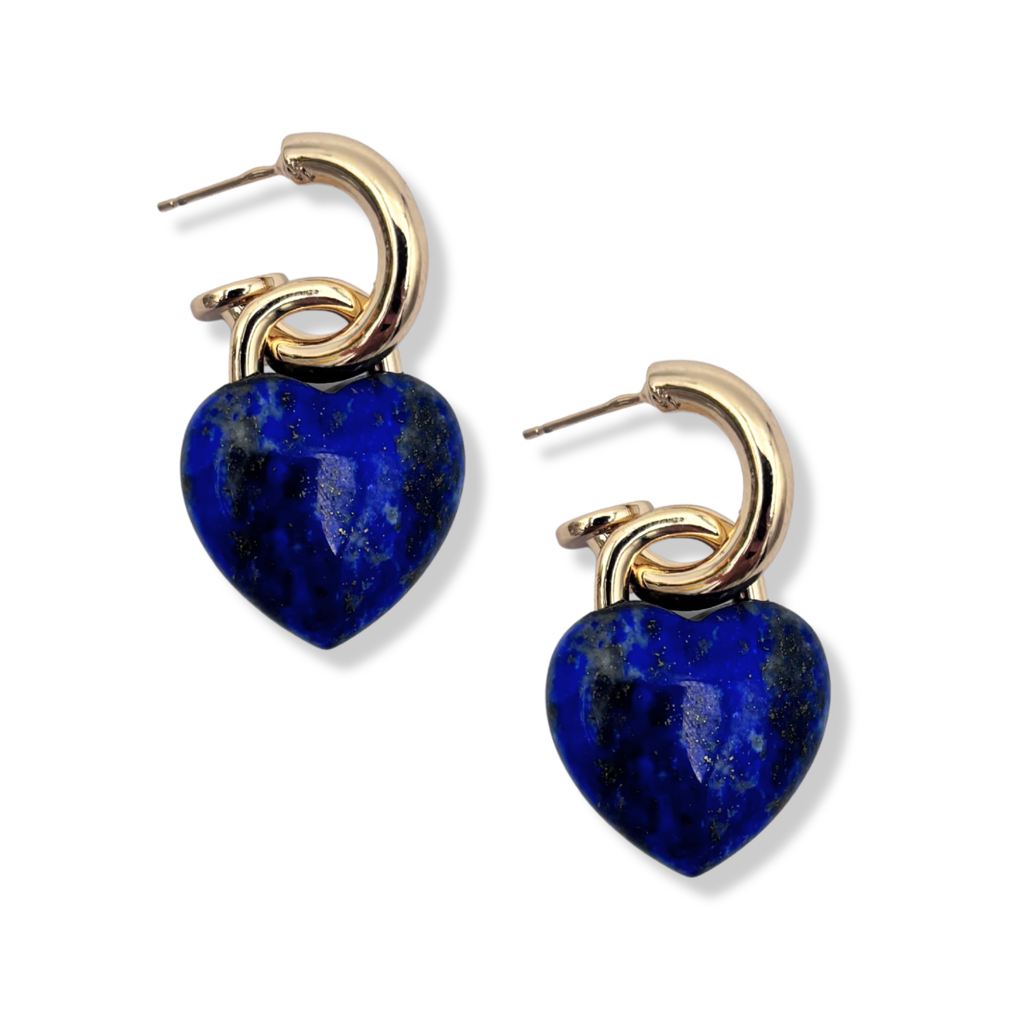 Heart-shaped semi-precious lapis stone drop earrings with gold padlock-style hoop by HOLST+LEE