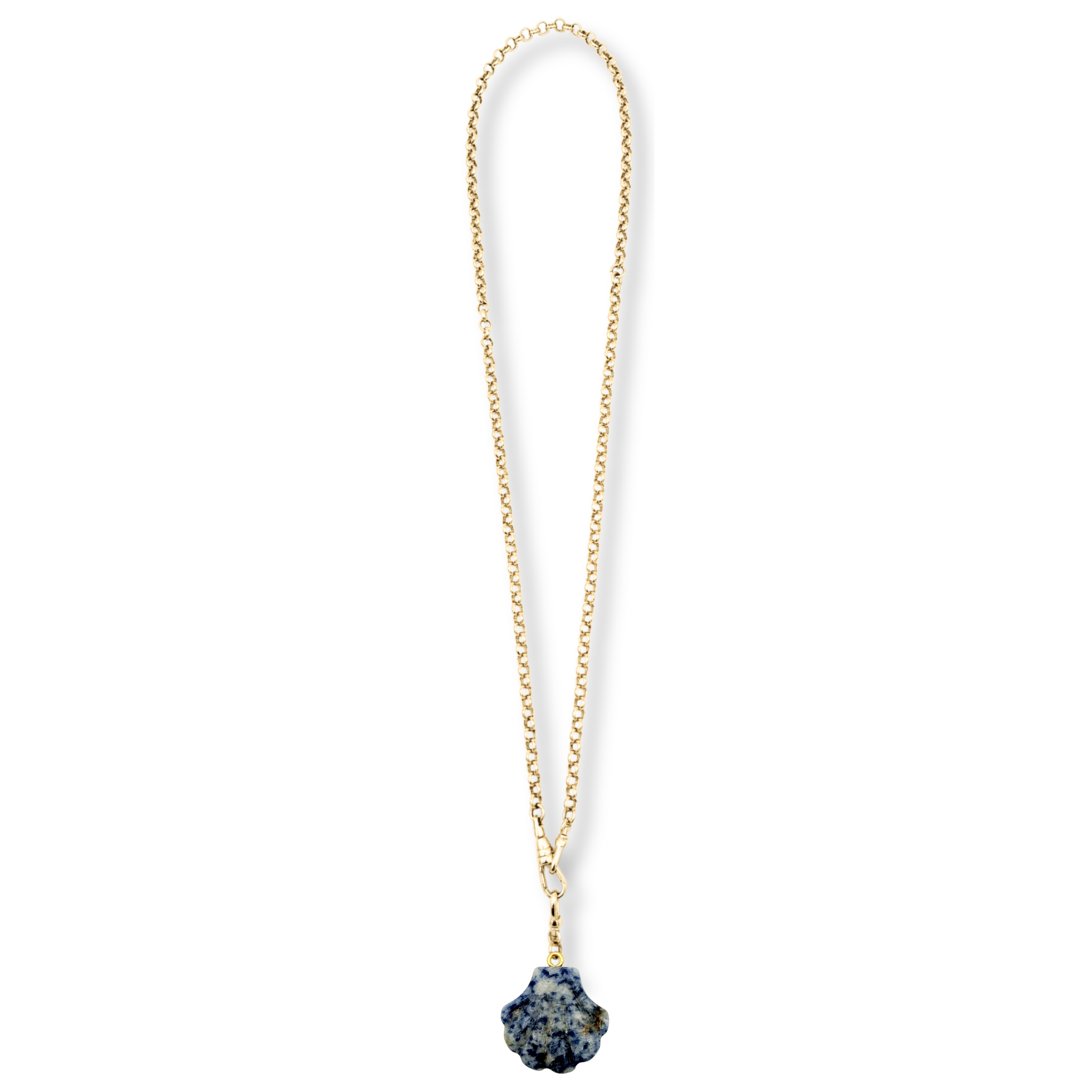 Gold rolo chain necklace with carved lapis shell pendant by HOLST+LEE