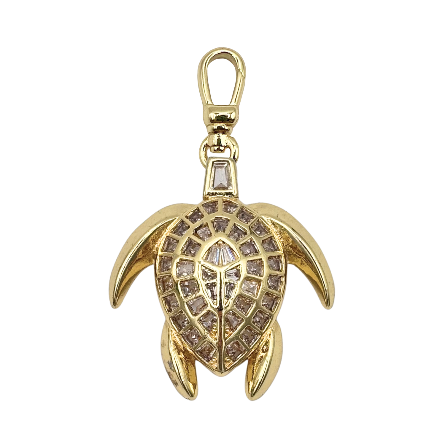 Gold sea turtle charm with a pavé diamond shell, baguette diamond head and neck accent, with gold charm clip by HOLST+LEE