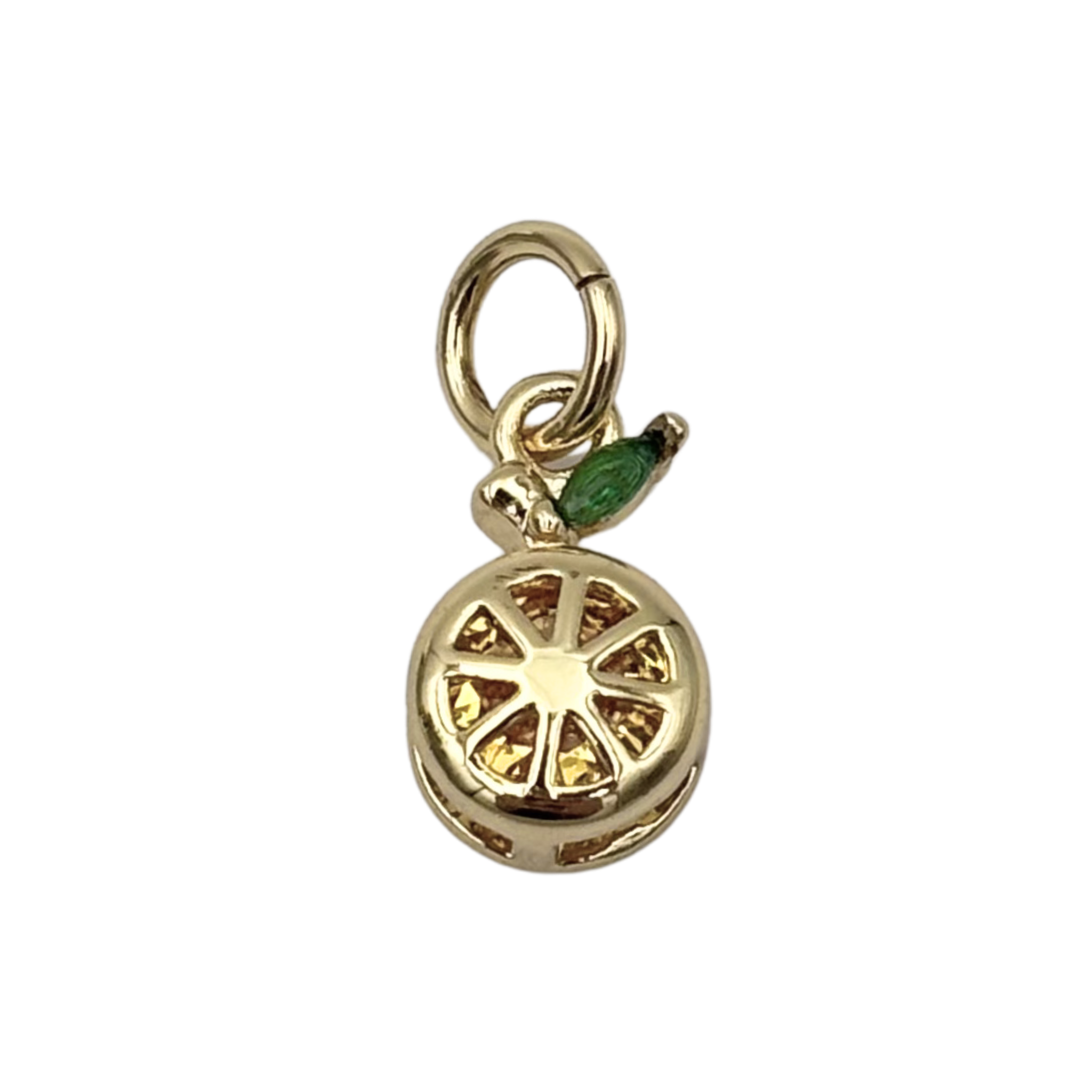 Gold lemon slice charm with emerald green gemstone leaf by HOLST+LEE