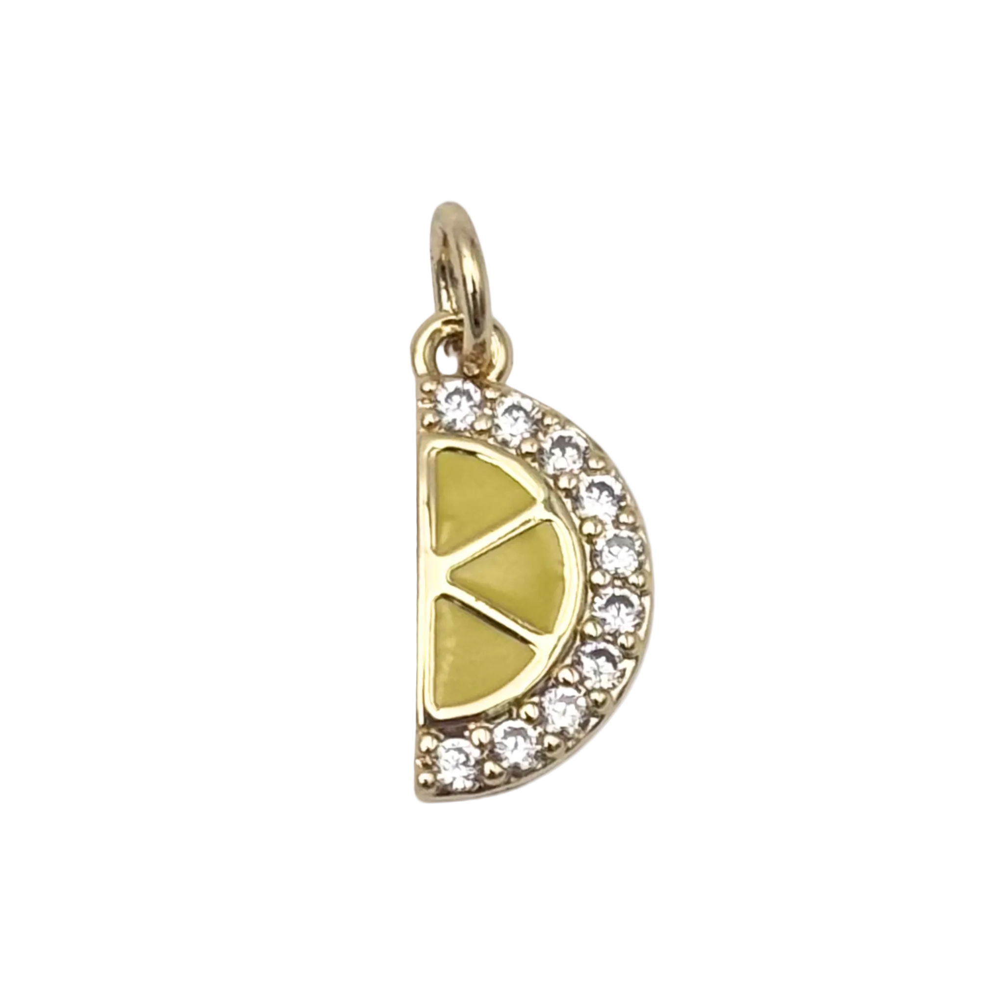 Gold lemon slice charm with yellow enamel segments and pave crystal rind border by HOLST+LEE