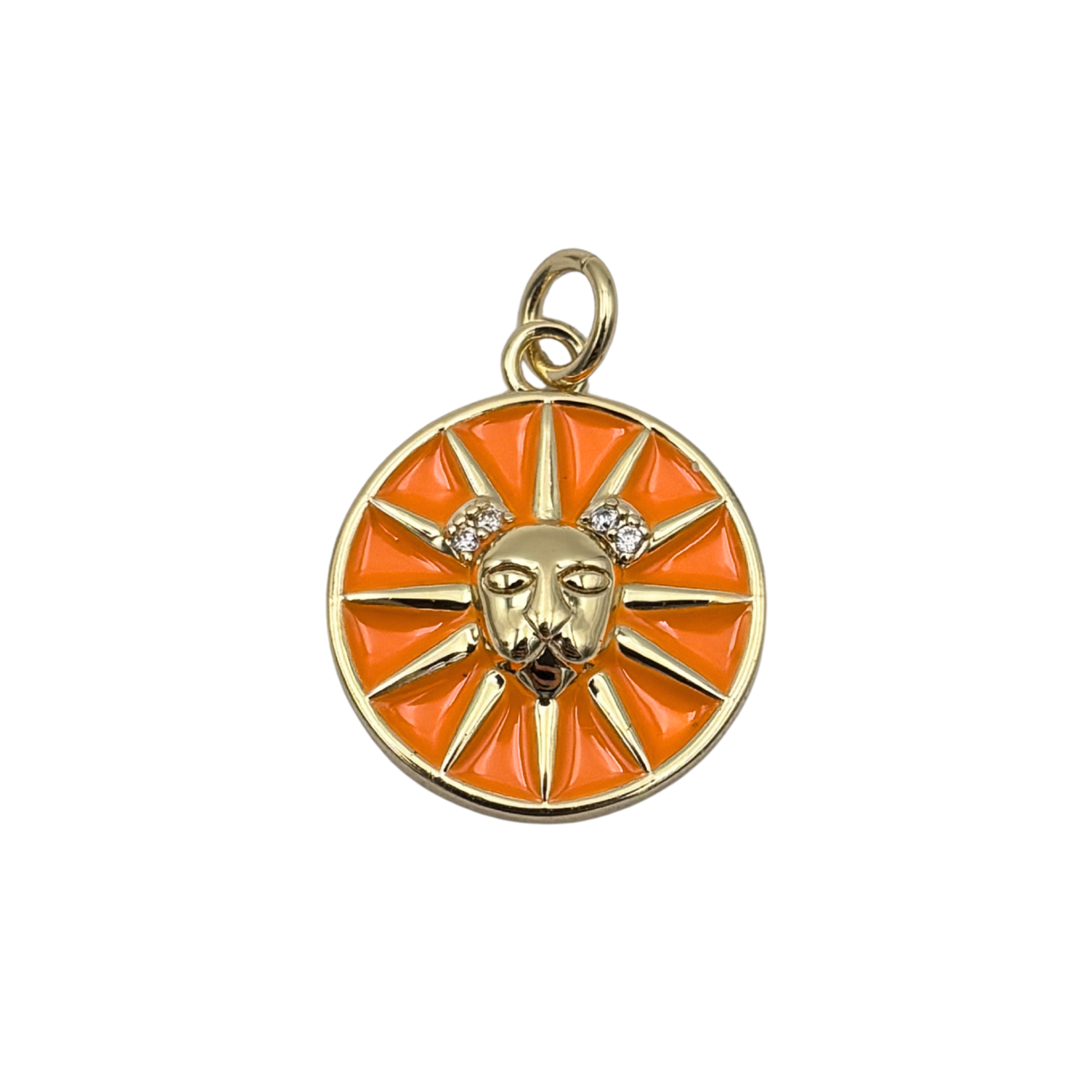 Leo zodiac charm pendant with orange enamel sunburst disc, gold lion face, and crystal accent details by HOLST+LEE