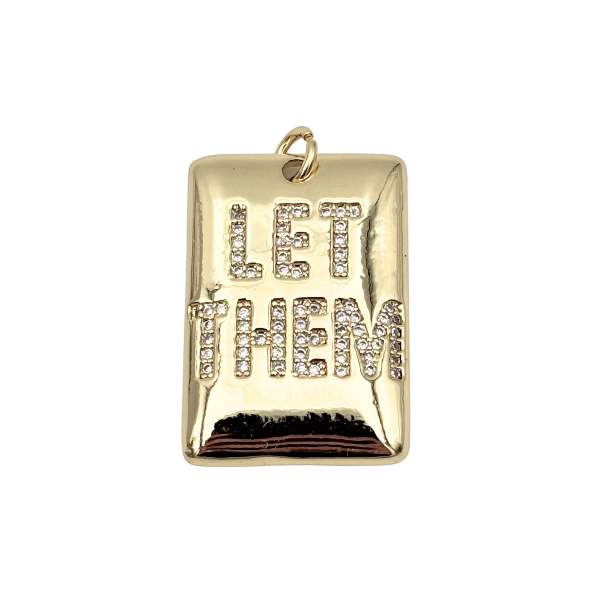 Gold pendant with 'LET THEM' text and pavé rhinestones by HOLST+LEE