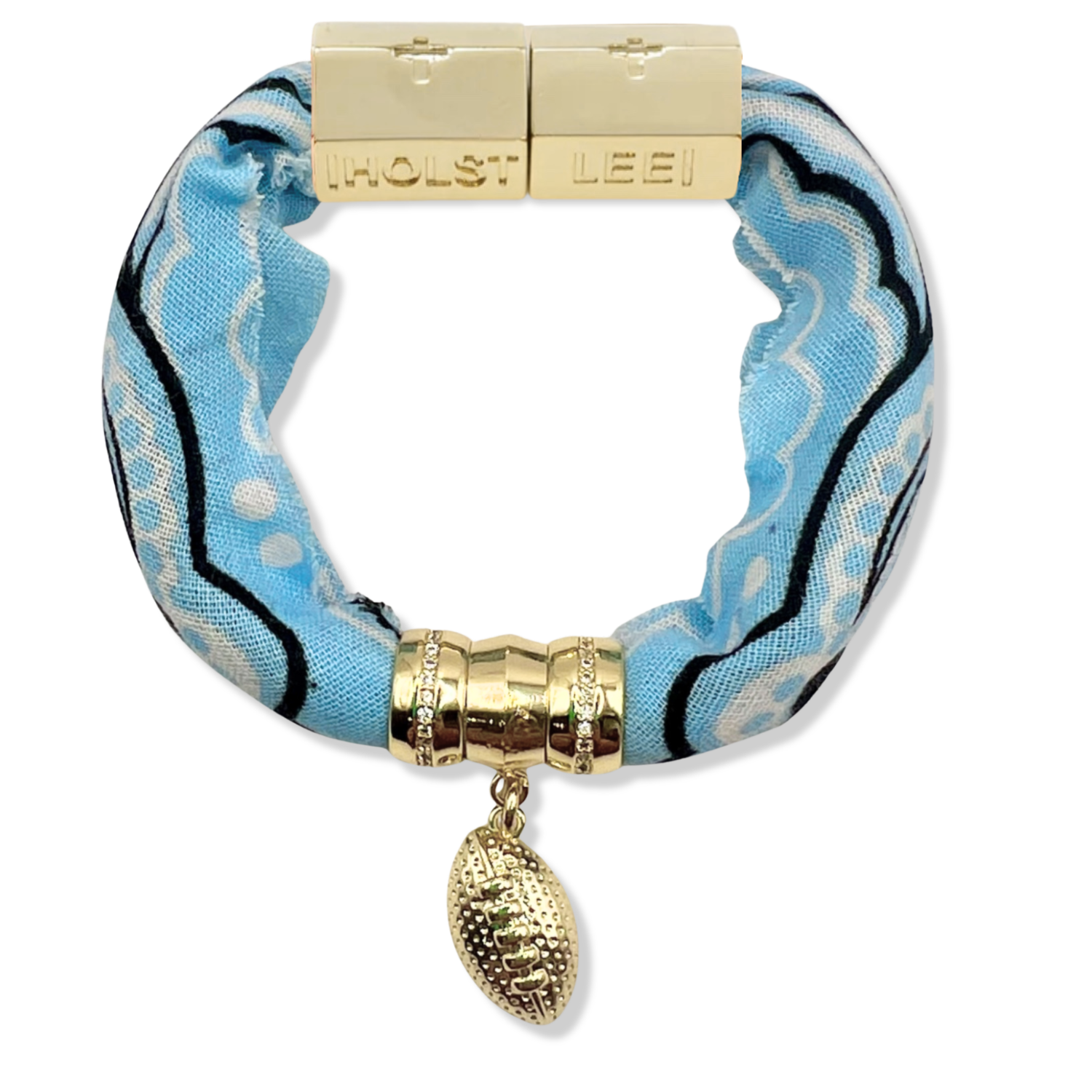 Light blue bandana print fabric bracelet with magnetic clasped bracelet, pavé ferrule, and 18K gold-filled football charm by HOLST+LEE