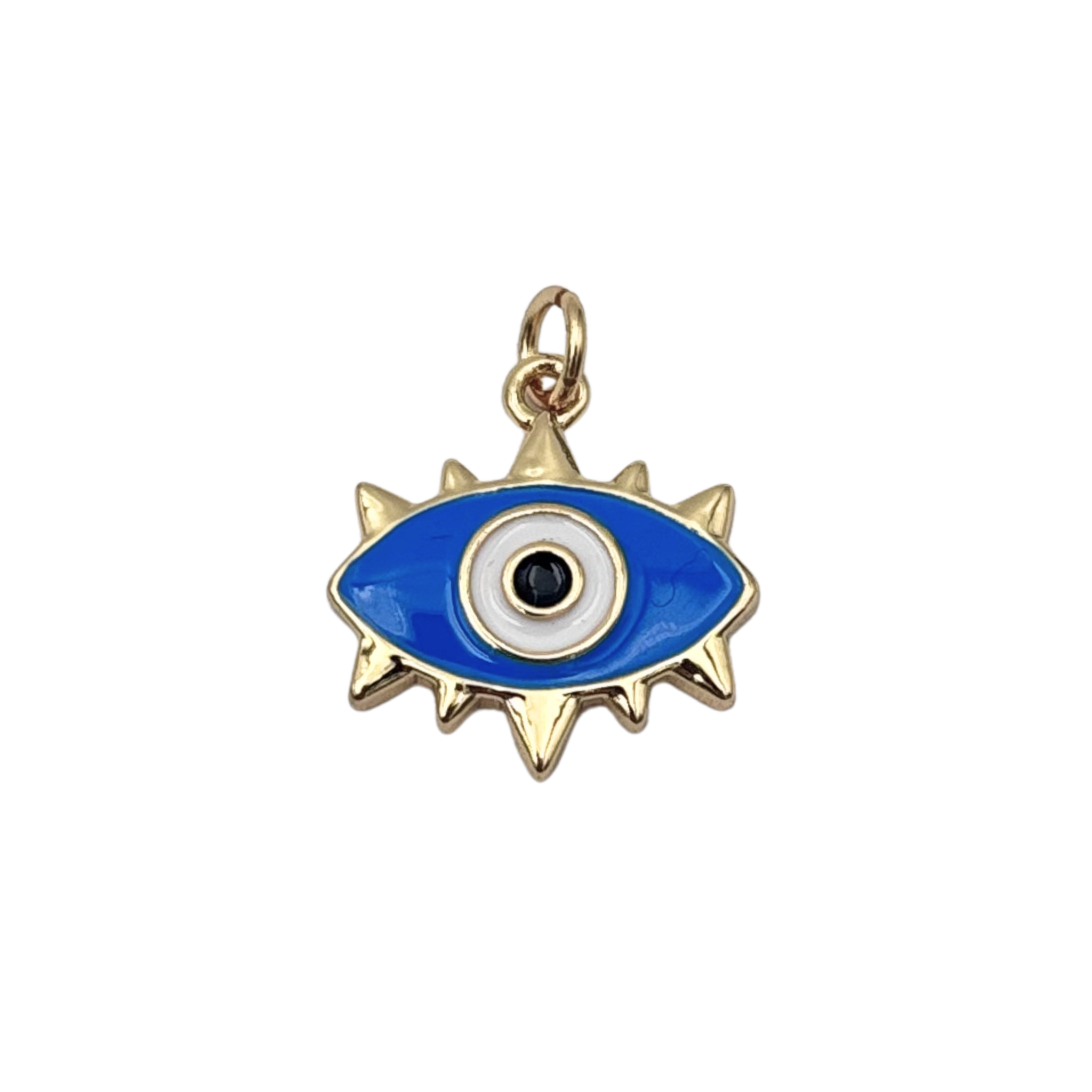 Light blue enamel evil eye charm with white iris, black pupil, and gold spike border on gold bail