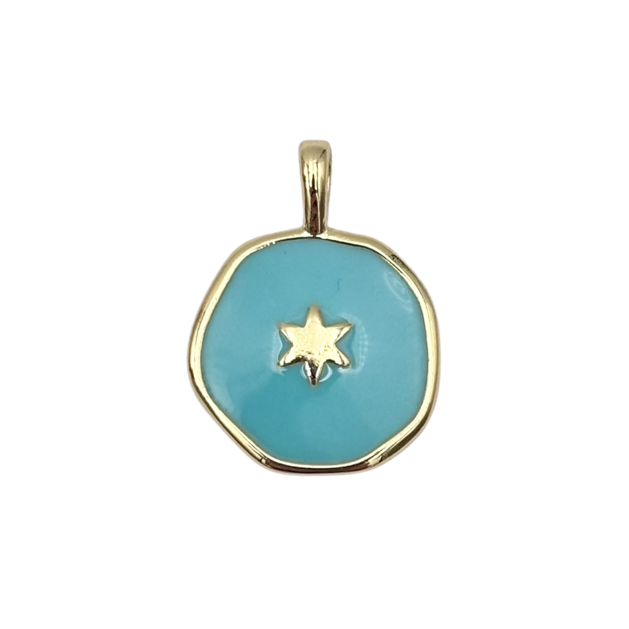 Gold round medallion pendant with swirled light blue enamel face, raised gold star by HOLST+LEE