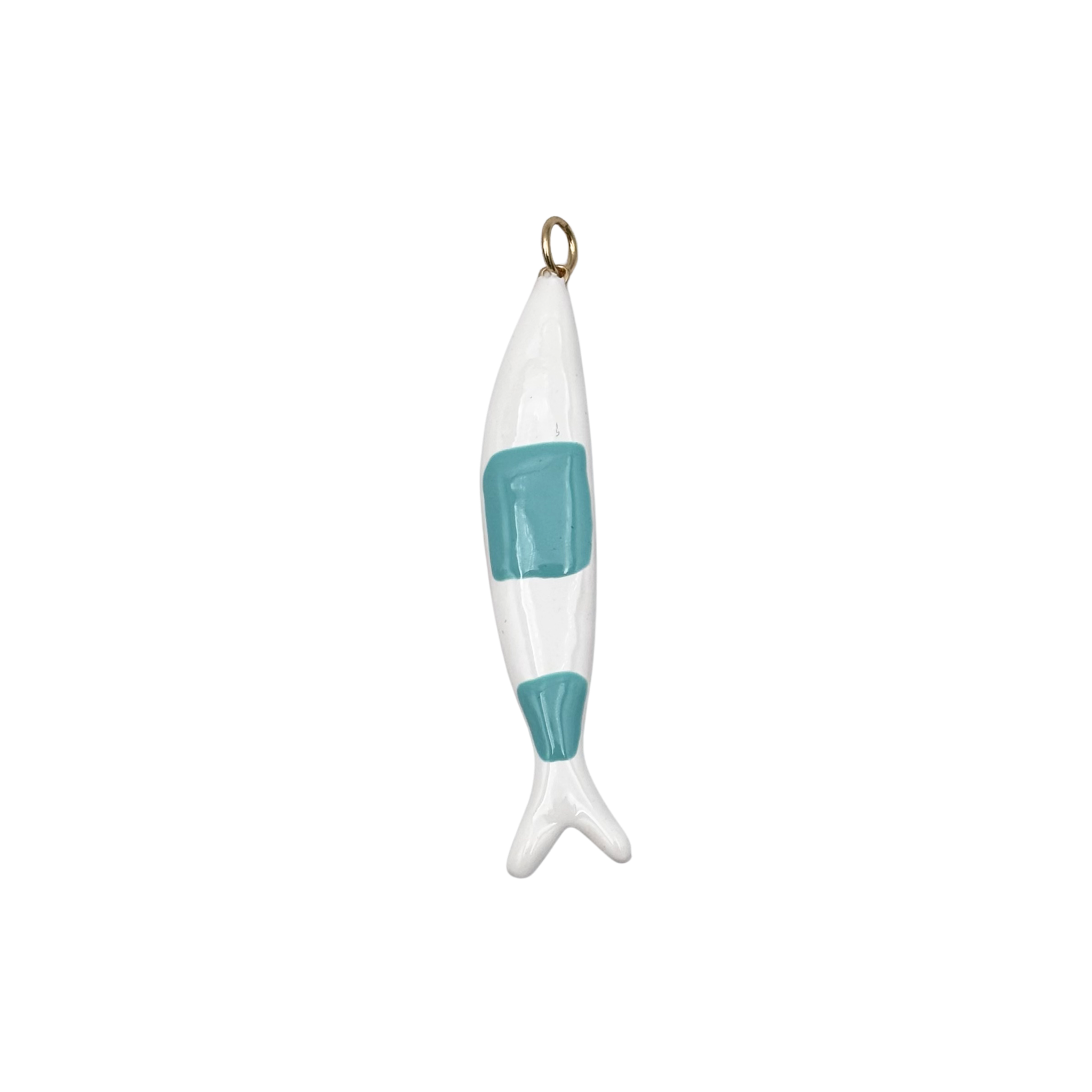 Slim white enamel fish pendant with light blue body stripe by HOLST+LEE