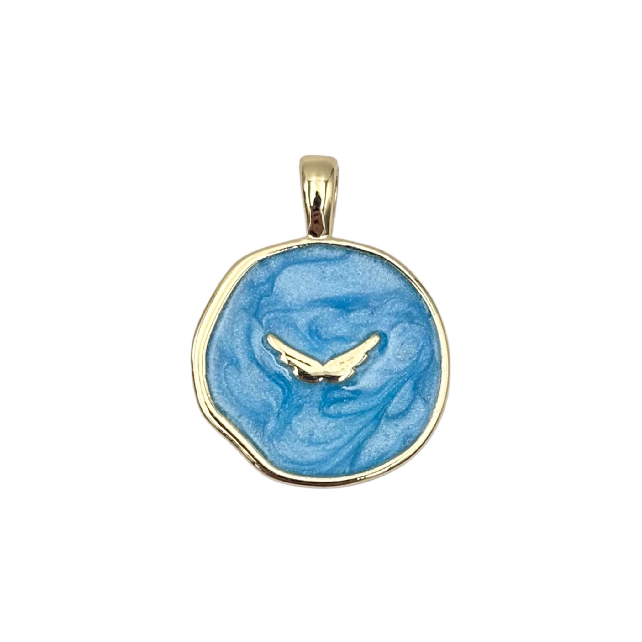 Gold round medallion pendant with swirled light blue enamel face, raised gold wing by HOLST+LEE