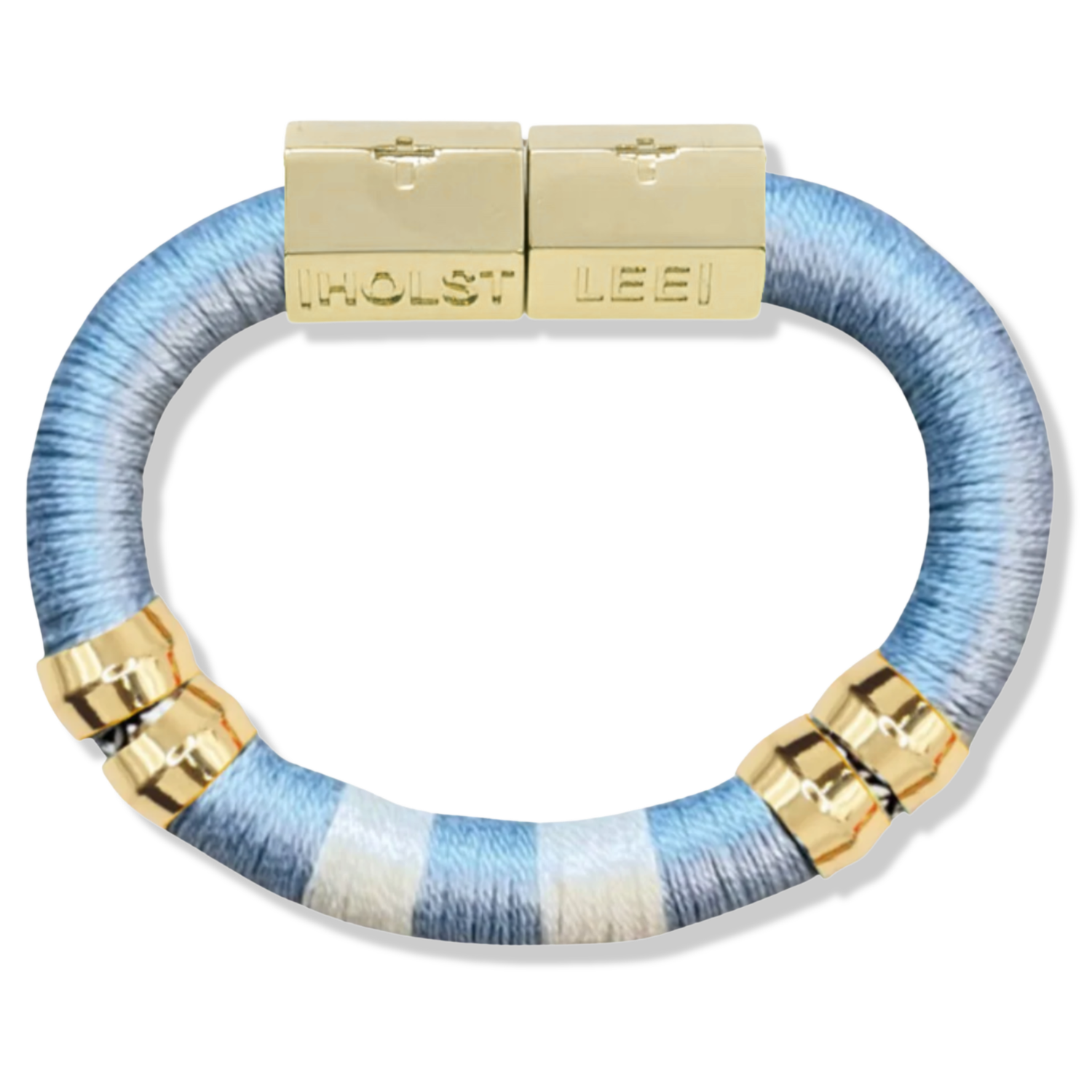 Light blue and white colorblock thread wrapped bracelet with 18K gold-filled magnetic clasped bracelet and gold ferrule accents by HOLST+LEE