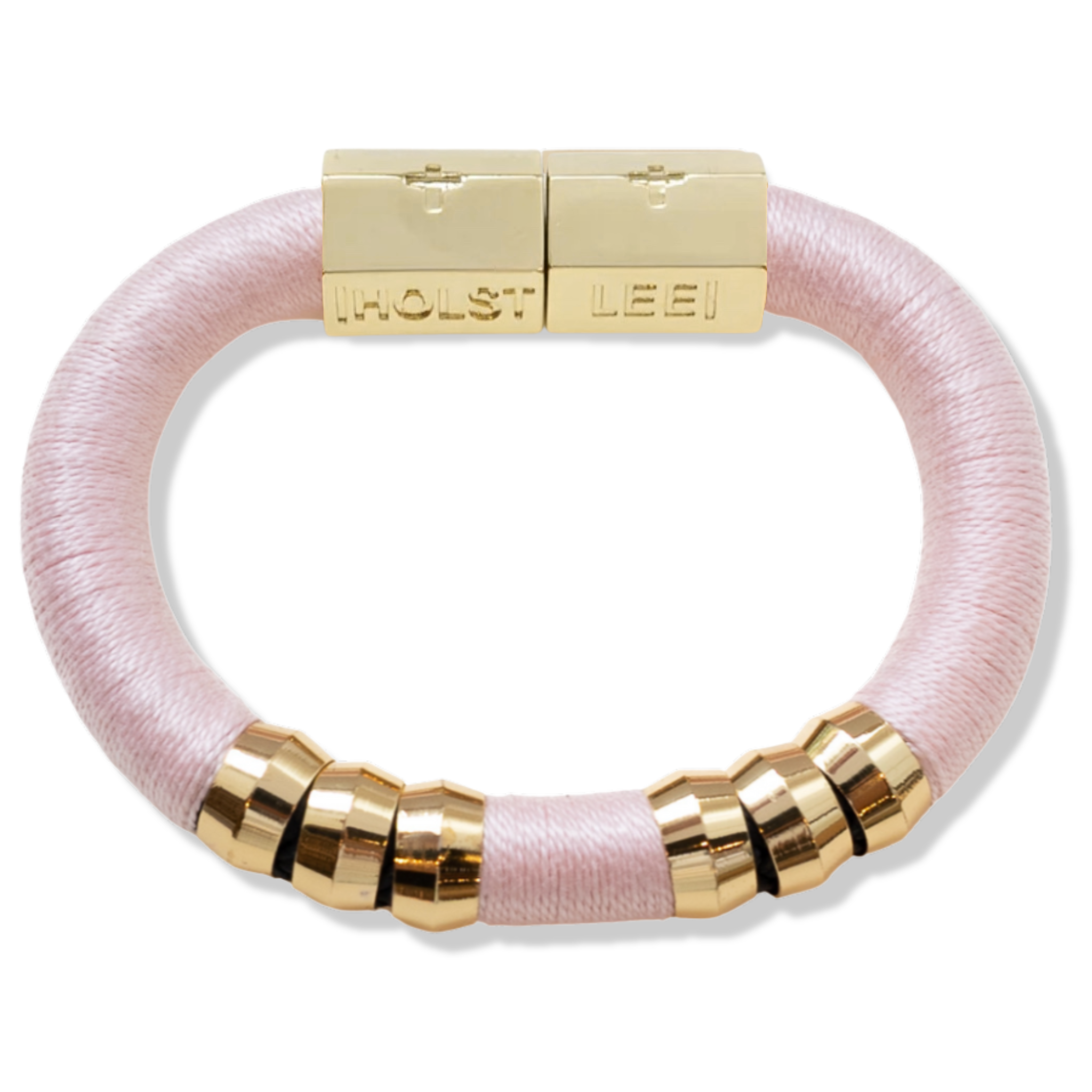 Light pink thread wrapped bracelet with 18K gold-filled magnetic clasped bracelet and gold ferrule accents by HOLST+LEE