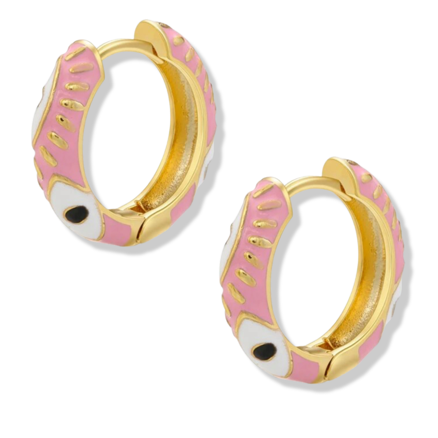 Light Pink and white evil eye enamel huggie hoop earrings by HOLST+LEE