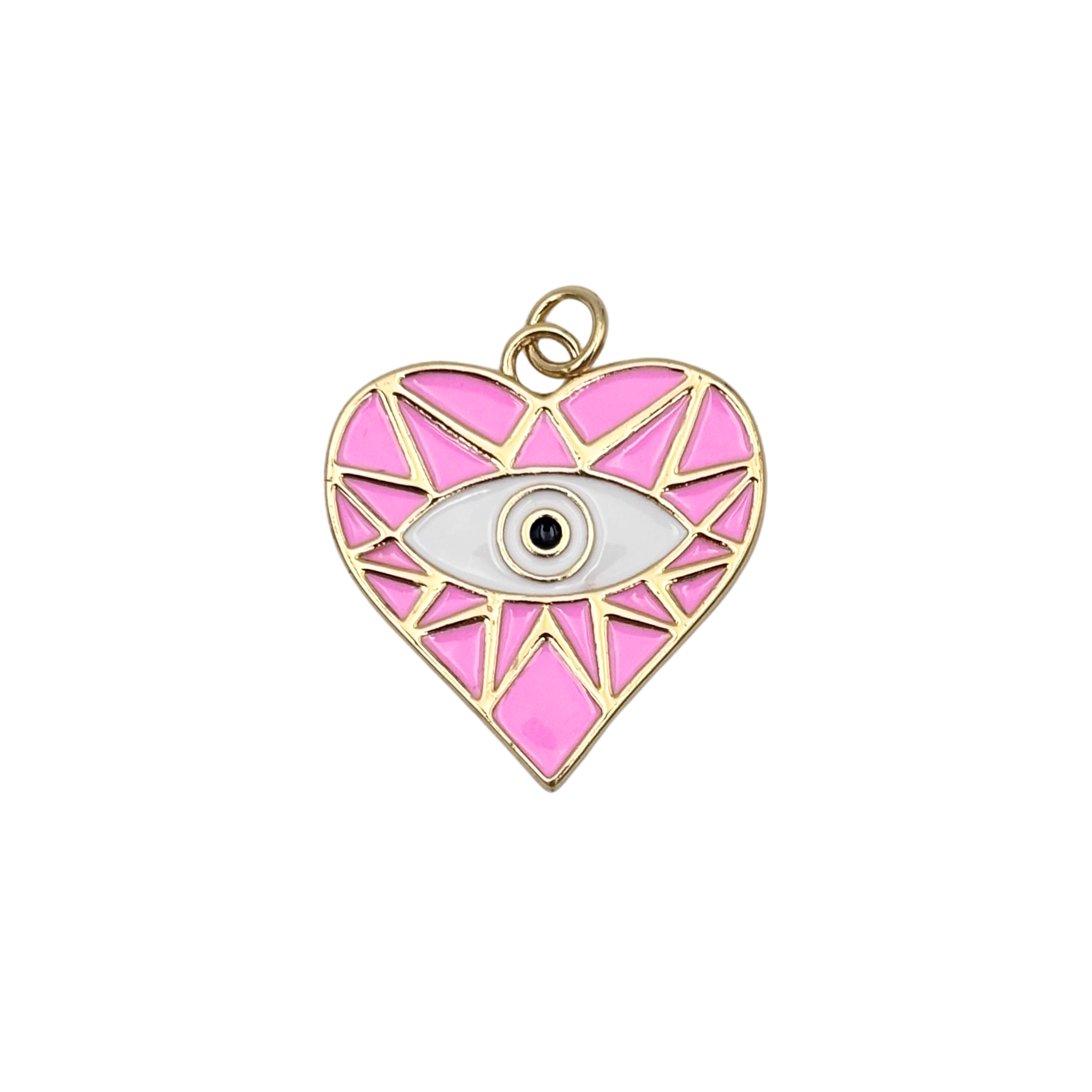 Gold-rimmed light pink geometric enamel heart charm with central white evil eye motif